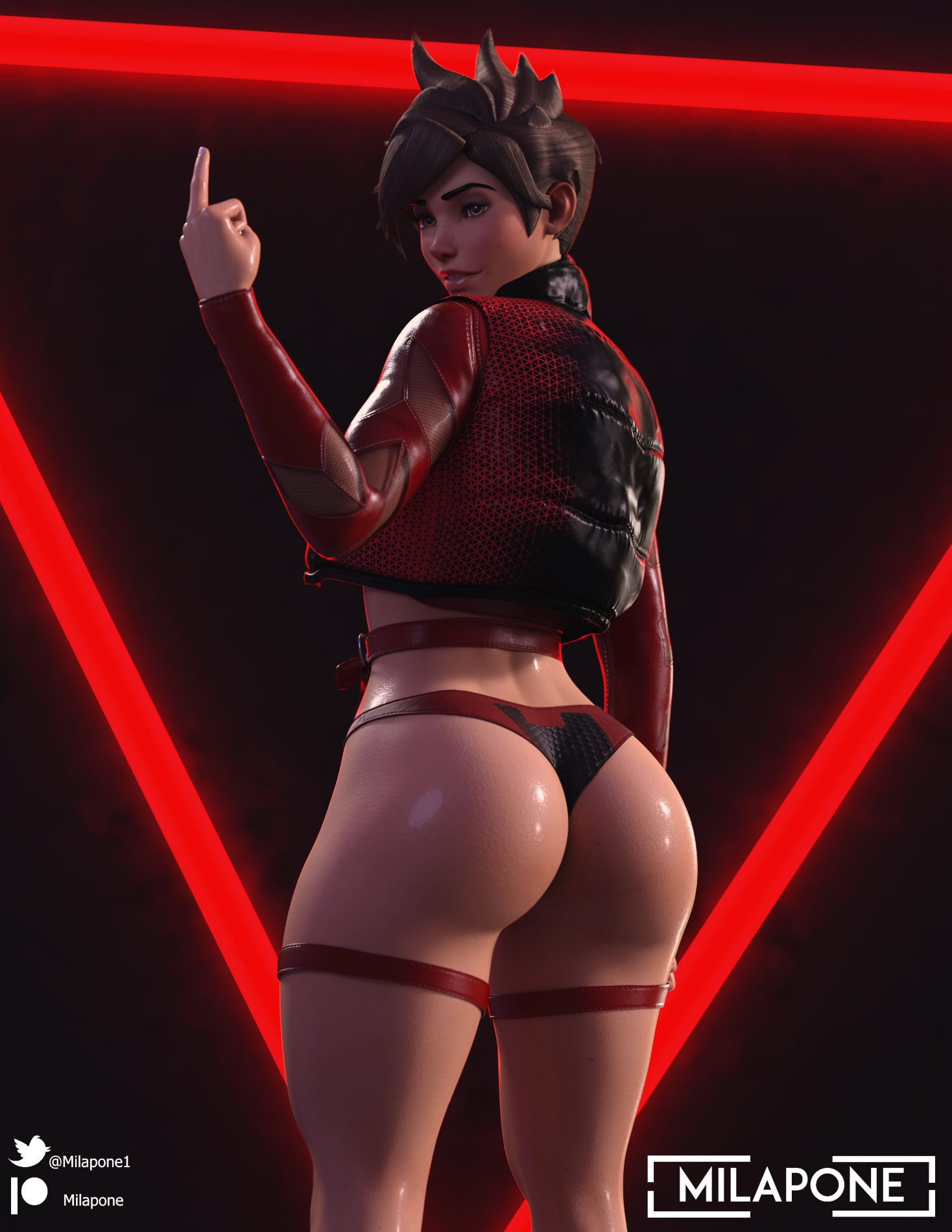 3d, ass, belt, big ass, big butt, black background, brown hair, female, female only, huge ass, jacket, looking back, middle finger, milapone, oiled, overwatch, partially clothed, red jacket, shiny, shiny skin, short hair, solo, solo female, solo focus, standing, thigh strap, tracer, white skin, yellow eyes