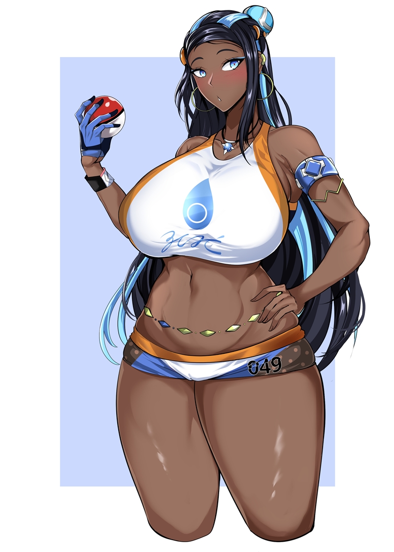 1girls, alternate breast size, armband, armpits, bare shoulders, belly chain, big breasts, blue eyes, blue hair, blush, breasts, ear piercing, earrings, female, female only, fully clothed, game freak, gloves, gym leader, hips, hoop earrings, huge breasts, large breasts, necklace, nessa (pokemon), nintendo, owner (artist), pokemon, pokemon ss, solo, solo female, standing, thick, thick thighs, thighs, two-tone hair, voluptuous, wide hips