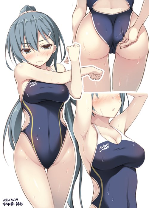 10s, 2015, adjusting clothes, adjusting swimsuit, armpits, arms up, ass, breasts, bubble ass, bubble butt, cameltoe, character name, cleavage, competition swimsuit, dated, female, green eyes, green hair, hair ornament, hairclip, head out of frame, highleg, highleg swimsuit, kantai collection, leaning forward, long hair, multiple views, one-piece swimsuit, ponytail, pussy, standing, stretch, suzuya (kantai collection), swimsuit, xe (execut3r)