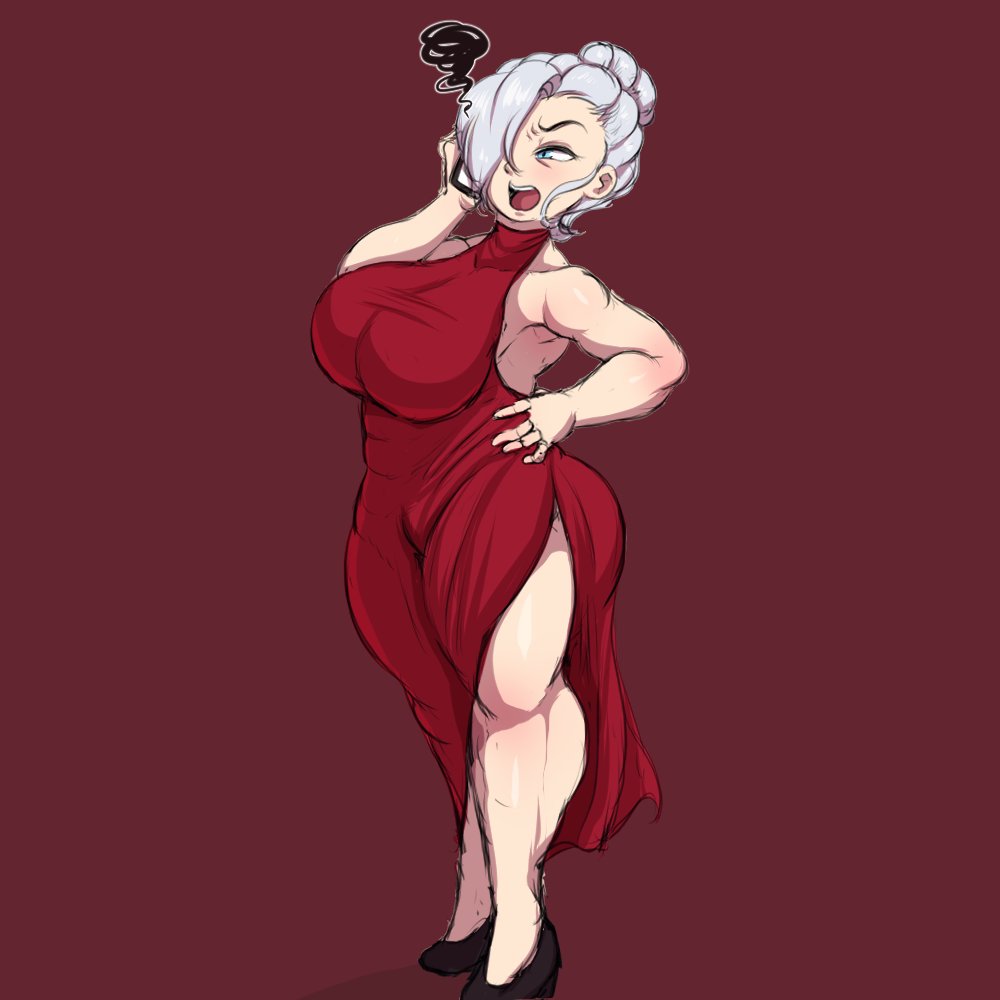 annoyed big_ass big_breasts blue_eyes cellphone hary96 red_dress rwby shortstack shortstacked shortstackified thick_thighs white_hair winter_schnee