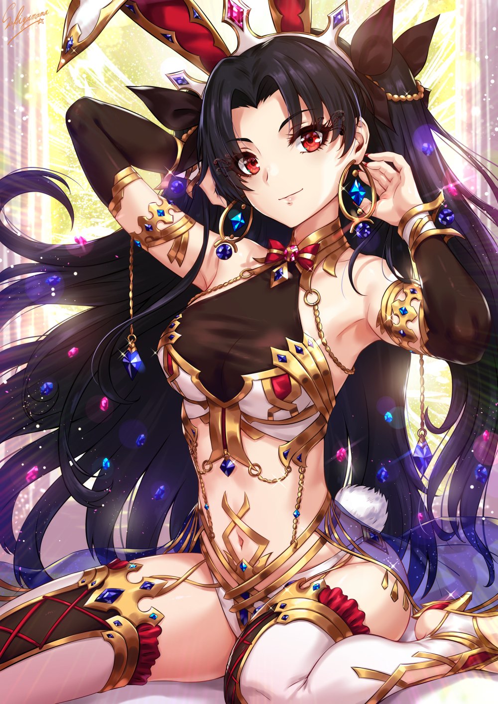 1girls 2021 armpits arms_up bangle belly_button black_hair black_topwear bow breasts bunny_ears bunny_girl bunny_tail bunnysuit cleavage deity detached_sleeves earrings elegant fate/grand_order fate_(series) feet female female_focus female_only gems goddess hair_ornament heels hips hoop_earrings ishtar_(fate) jewelry kneeling long_hair looking_at_viewer medium_breasts nail_polish ornate_clothing panties red_bow red_eyes red_nails sakiyamama see-through_clothing simple_background slim_waist smile smiling_at_viewer tail tail_accessory thick_thighs thigh_high_boots thighs twintails white_boots white_panties white_topwear wide_hips