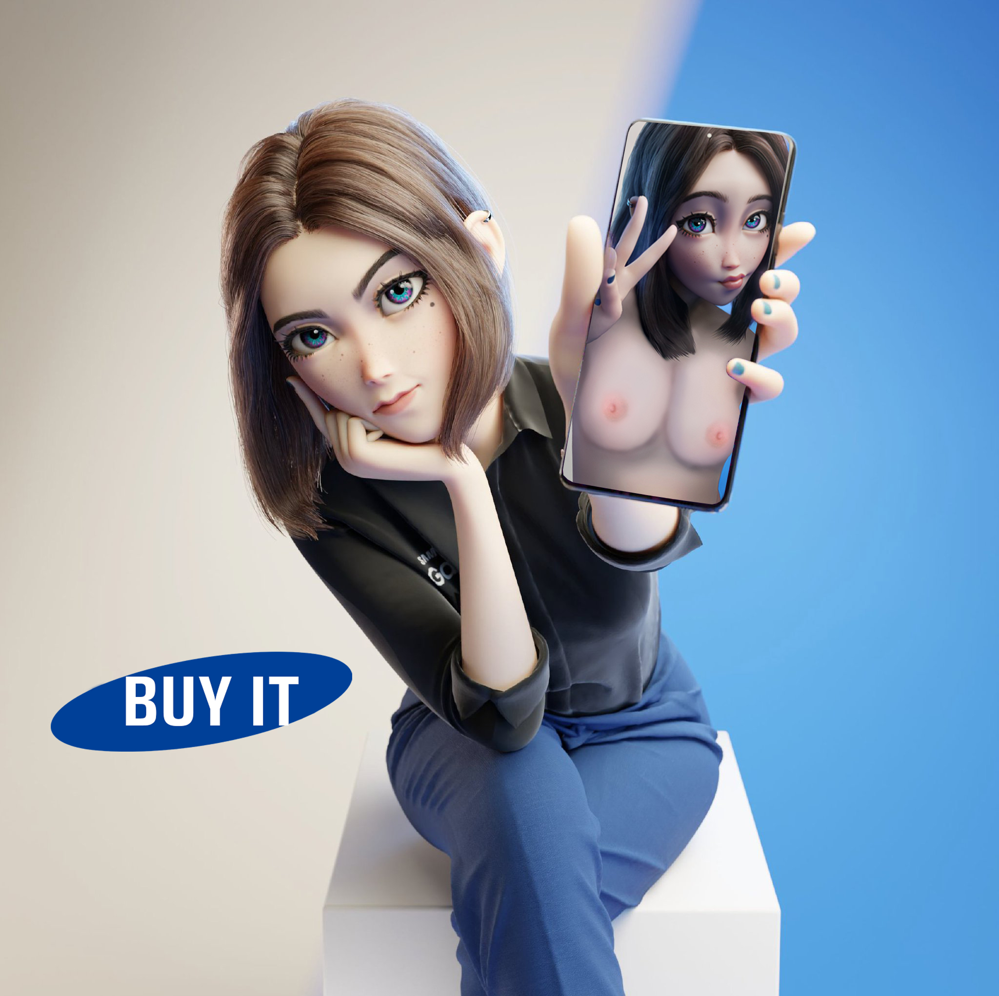 big eyes, blue eyes, blue nails, blue pants, boy34edits, breasts, breasts out, brown hair, buy it, female, high resolution, looking at viewer, medium hair, nude, nude female, nude filter, pale skin, samsung, samsung galaxy, samsung sam, sex slave, smartphone, waifu2x