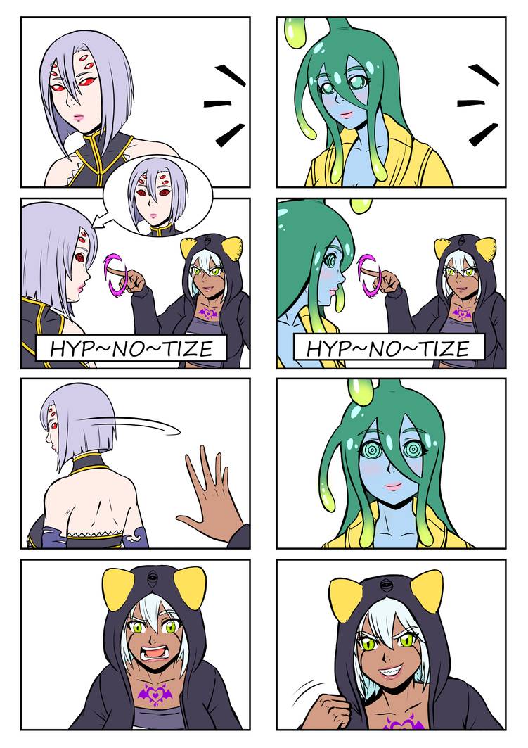 4koma comic dark_skin demon_girl female_domination femdom femsub hoodie hypnosis monster_musume_no_iru_nichijou rachnera_arachnera suu_(monster_musume) waltherrfa