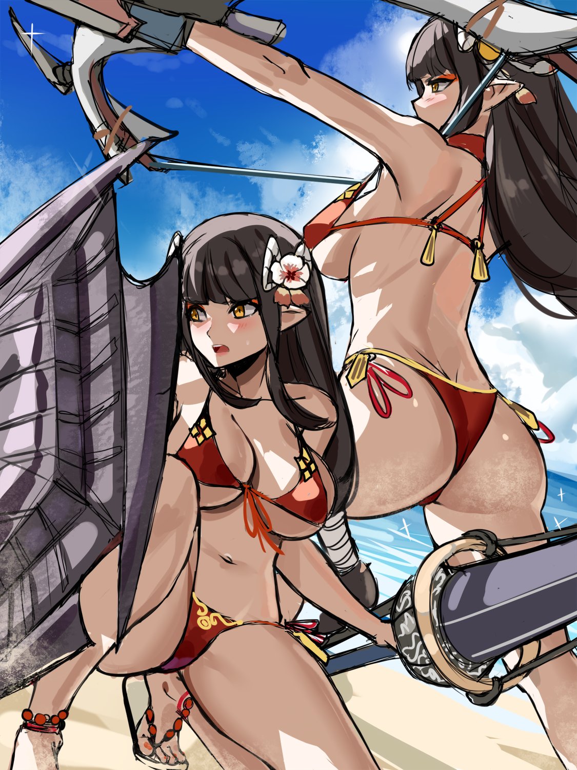 2girls, ass, bangs, beach, bikini, bikini bottom, bikini top, black hair, blunt bangs, blush, breasts, bubble ass, bubble butt, cleavage, closed mouth, enmanuelart20, eyebrows visible through hair, female, gloves, hair ornament, highres, hinoa, large breasts, long hair, minoto, monster hunter, monster hunter (series), monster hunter rise, multiple females, multiple girls, navel, pointy ears, red bikini, shield, siblings, sisters, swimsuit, twins, weapon, wyverian, yellow eyes