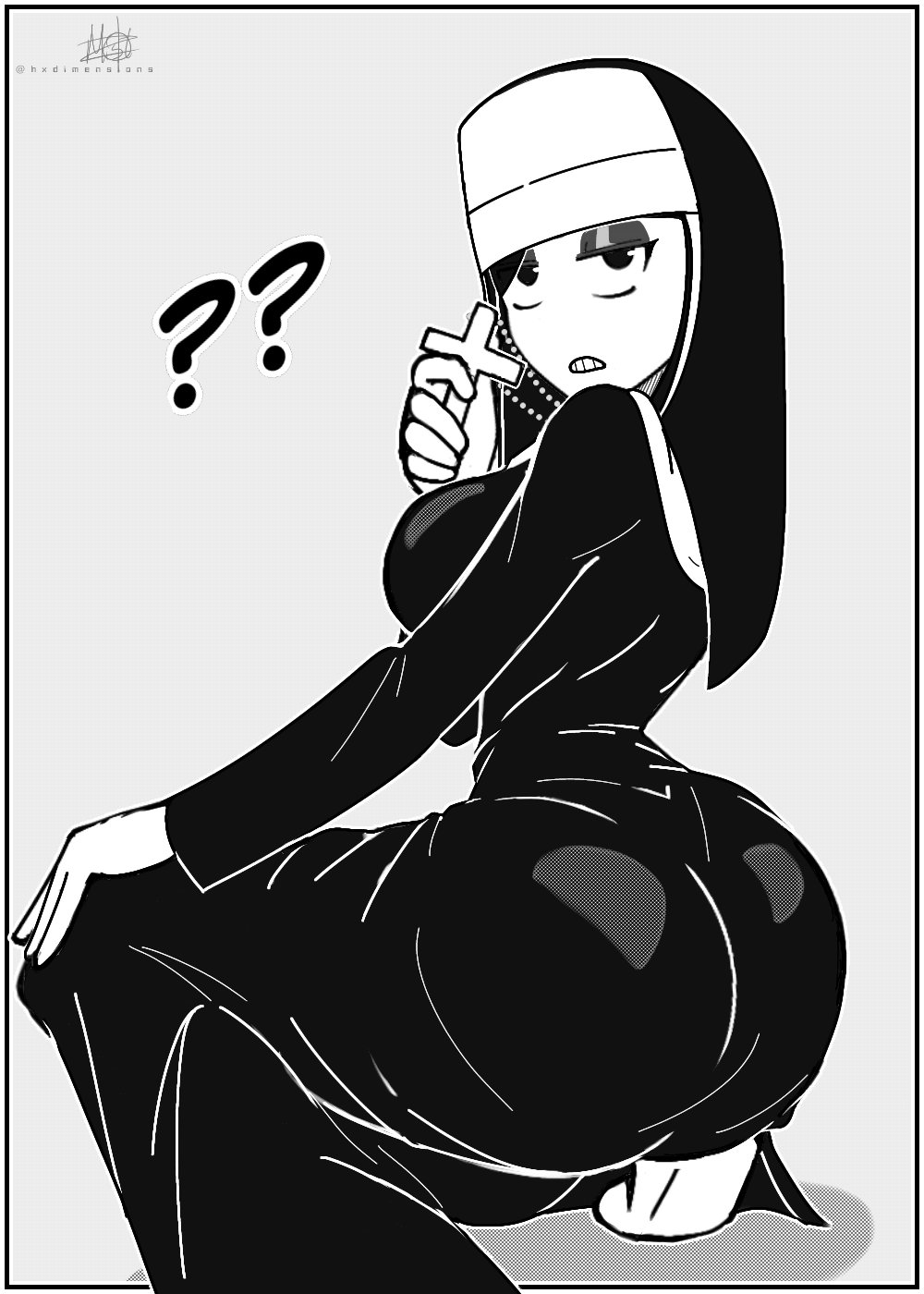 2021, ass, ass focus, black and white, cross, crouching, female, goth, hxdimensions, nun, nun's habit, pose, posing, solo female, veronica (saltynoodles)