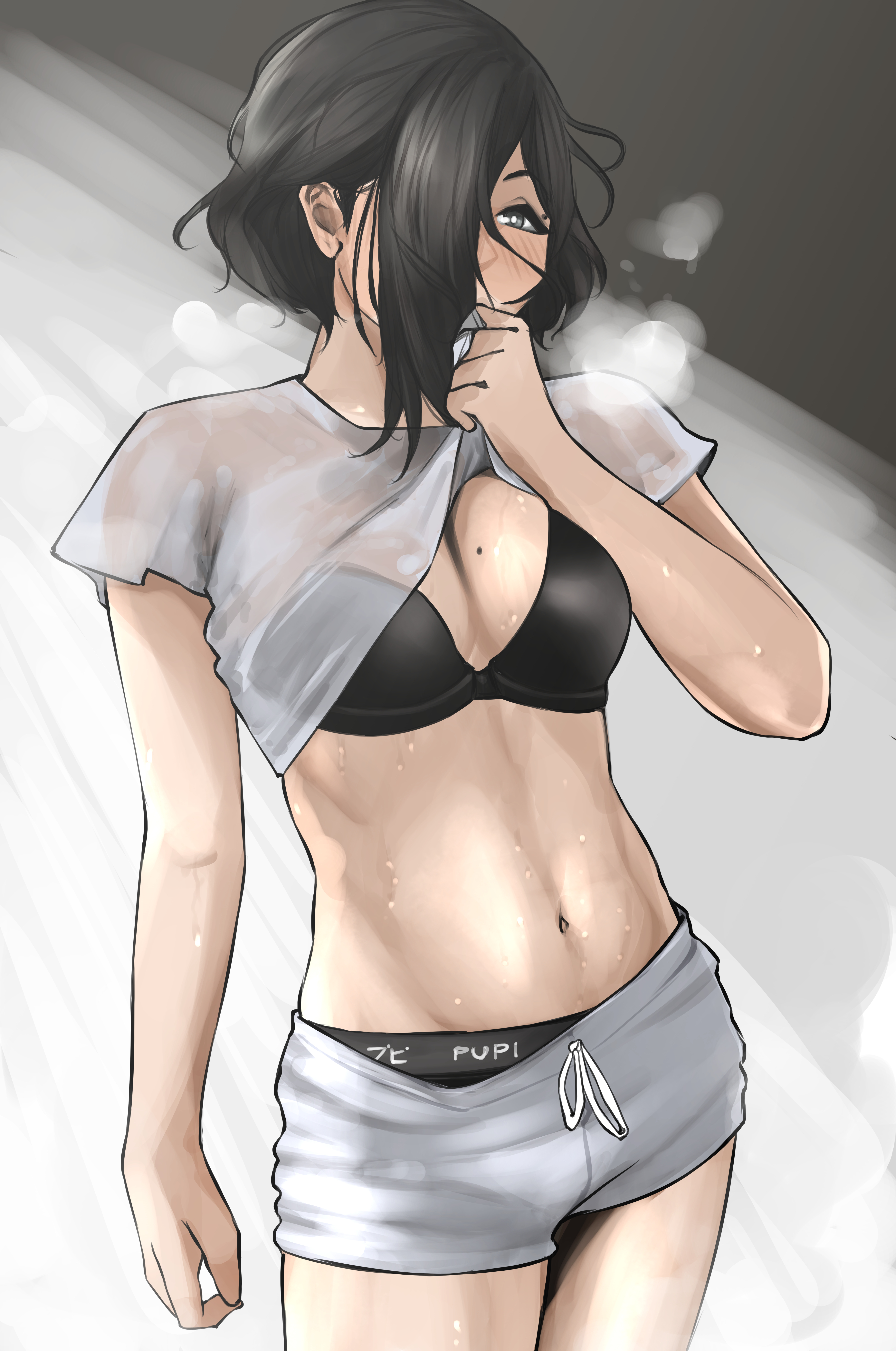 black hair, blue eyes, breasts, exercise, female, fitness, fringe, gym clothes, hair over one eye, heterochromia, kamura (rain prophet), light skin, light-skinned female, medium breasts, mole, mole on breast, pale skin, pale-skinned female, petite, rain prophet, seductive look, see-through, shirt up, short hair, sweat, sweating, sweaty, wet