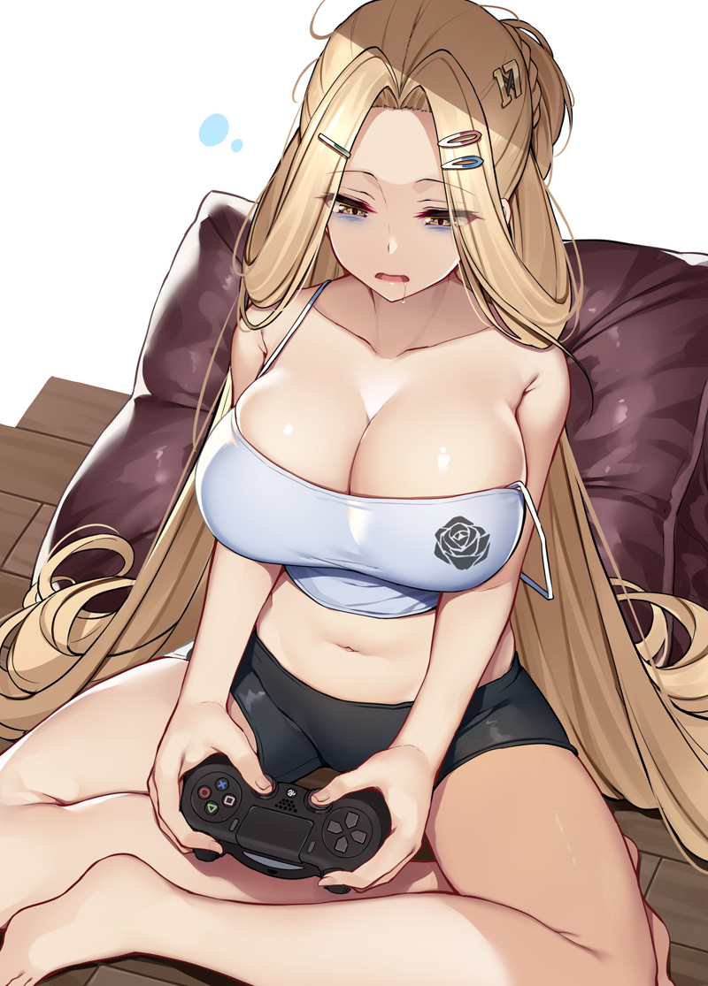 1girls azur_lane bags_under_eyes bare_shoulders black_shorts blonde_hair breasts bunker_hill_(azur_lane) bunker_hill_(mission_relaxation)_(azur_lane) cleavage controller eagle_union_(azur_lane) female folded_hair game_console game_controller hair_ornament hairclip large_breasts light-skinned_female light_skin long_hair midriff navel open_mouth pillow playing_games playstation_4 saliva short_shorts shorts sitting strap_slip tank_top thighs tired very_long_hair white_tank_top wooden_floor xe_(execut3r) yellow_eyes