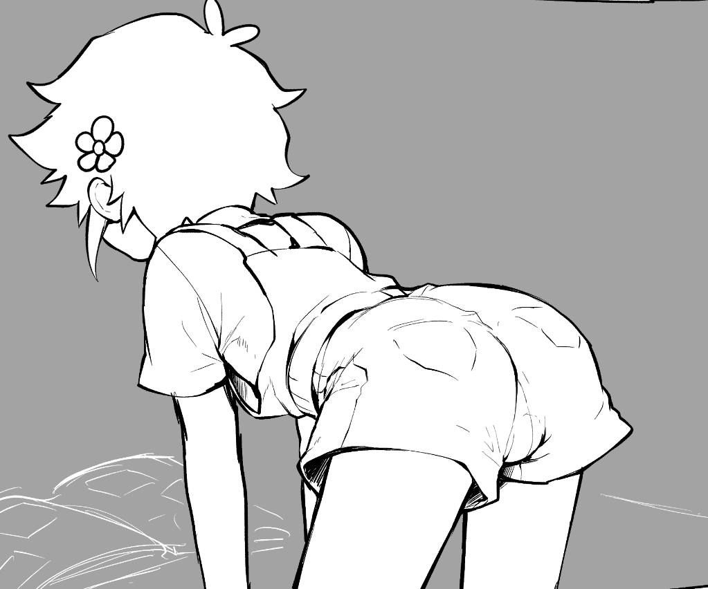 1boy, artist request, ass, ass focus, basil (omori), femboy, flower in hair, male, monochrome, omori, presenting, short shorts, shorts, sissy, solo, solo male, twink