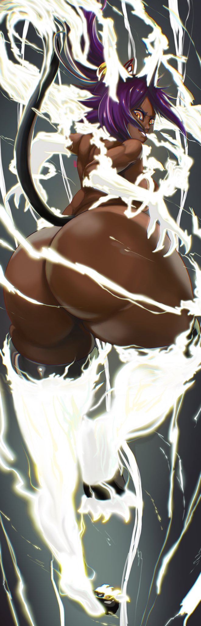 1girls, 2021, ass, bangs, bbw, big breasts, bleach, breasts, bubble ass, bubble butt, cleft of venus, dark skin, dark-skinned female, female, female focus, female only, glowing, huge breasts, large breasts, legwear, leotard, lighting, looking at viewer, looking back, noblood, parted bangs, ponytail, purple hair, shihouin yoruichi, simple background, smile, solo, solo female, solo focus, thick ass, thighhighs, tied hair, voluptuous, wide hips, yellow eyes