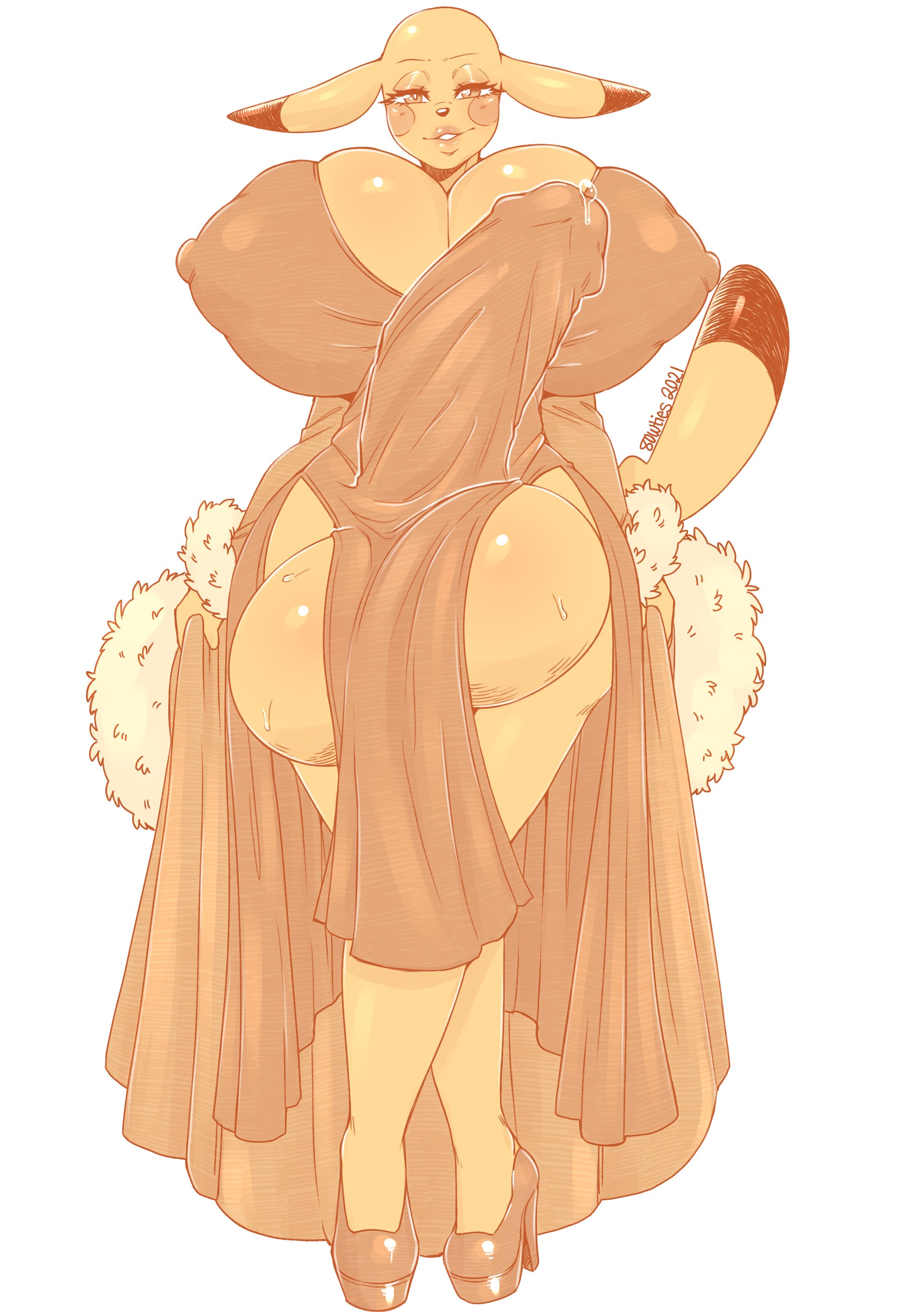 8owties, anthro, balls, breasts, cosplay pikachu, cum, dickgirl, dress, erection, erection under clothes, fur, furry, futa only, futanari, game freak, high heels, intersex, large balls, large breasts, large penis, long ears, nintendo, penis, pikachu, pokémon (species), pokemon, pokemon (species), precum, precum through clothing, shoes, sweat, thick thighs