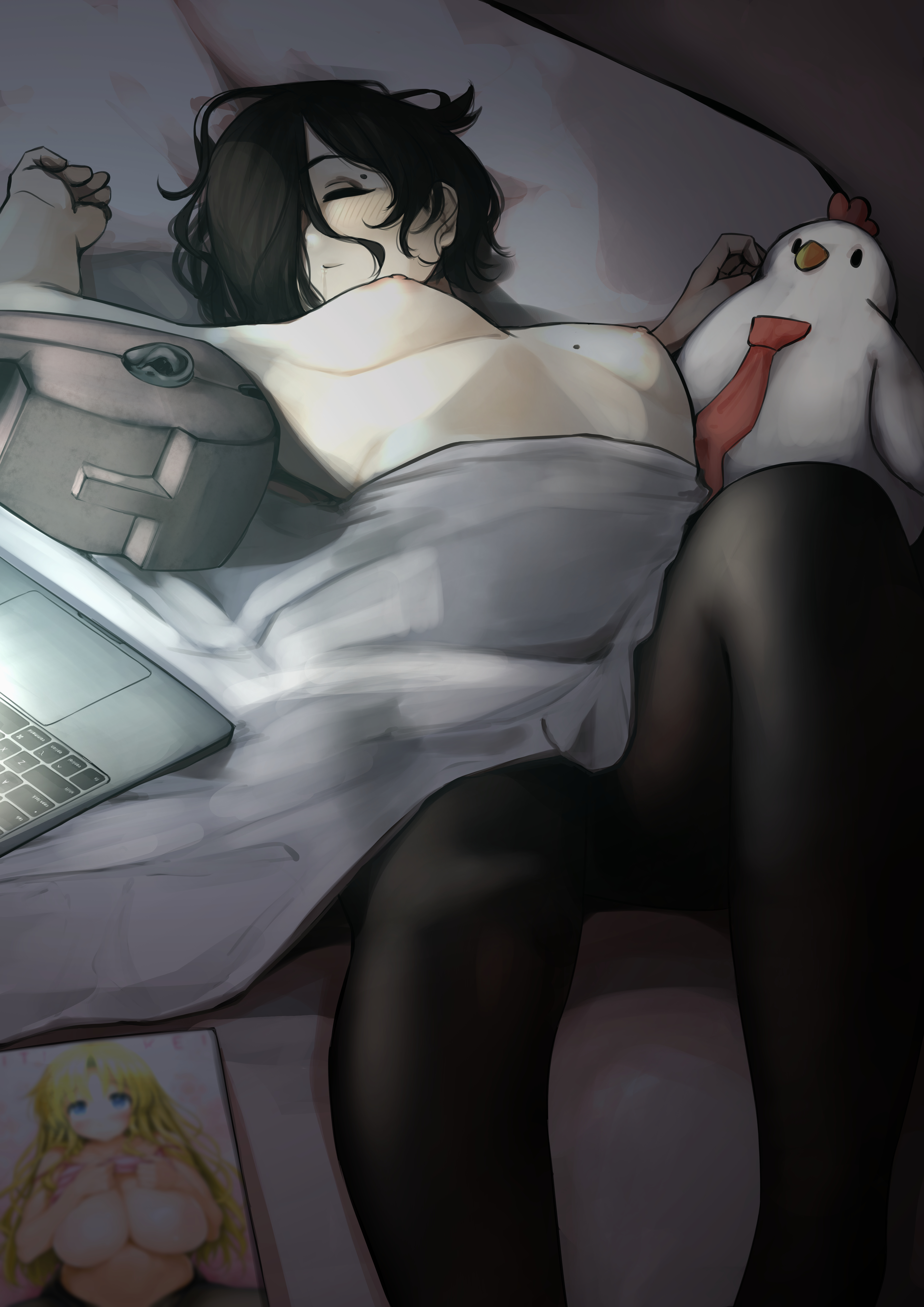 asleep style, black hair, blue eyes, breasts, dark room, female, fringe, hair over one eye, heterochromia, ishikei, kamura (rain prophet), large areolae, light skin, light-skinned female, medium breasts, mole on breast, night, nipples, no bra, pale skin, pale-skinned female, pantyhose, petite, puffy areola, puffy nipples, rain prophet, seductive look, short hair, sleeping, tagme, thighs, underboob