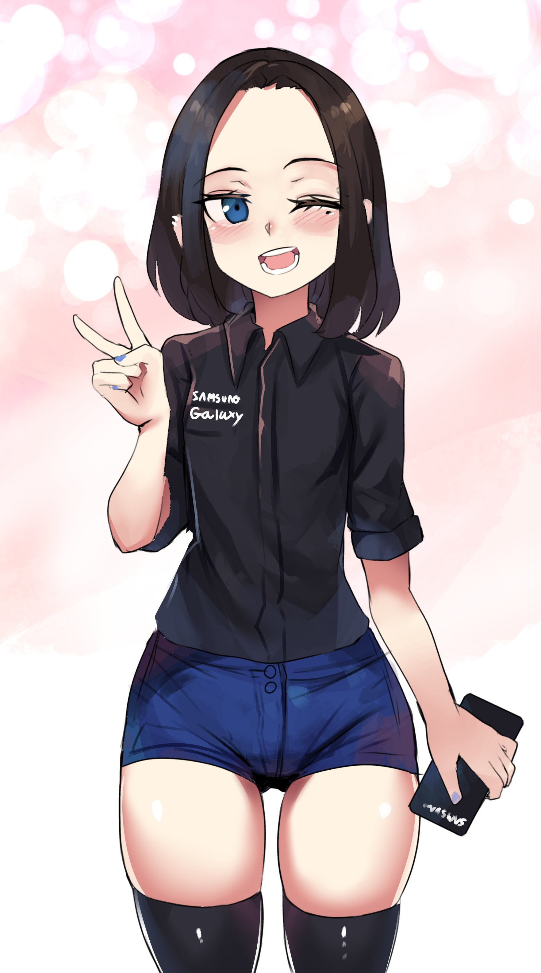 1boy, absurdres, black shirt, blue eyes, blue shorts, blush, brown hair, cellphone, femboy, highres, hinghoi, hips, holding, holding phone, looking at viewer, male, medium hair, mole, mole under eye, one eye closed, open mouth, phone, rule 63, samsung, samsung sam, shirt, short shorts, shorts, skindentation, smartphone, smile, solo, standing, thick, thick thighs, thighhighs, thighs, v, wide hips, young
