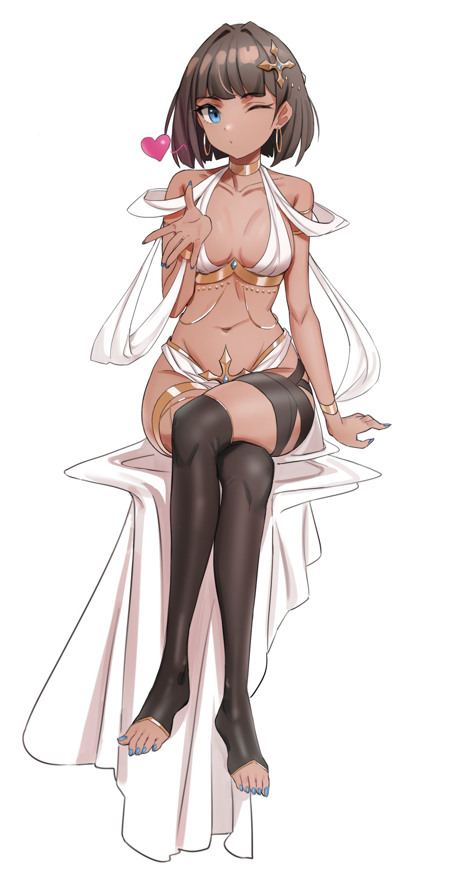 1girls, armlet, bare arms, bare shoulders, black legwear, blue eyes, bob cut, bracelet, breasts, breasts apart, brown hair, brown skin, choker, collarbone, colored nails, crossed legs, dancer, dancer outfit, dark skin, dark-skinned female, earrings, female, full body, gem, gold jewelry, harem outfit, heart, hoop earrings, jewelry, kiritzugu, looking at viewer, medium breasts, original, revealing clothes, short hair, sitting, solo, stomach, thigh strap, thighlet, thighs, toeless legwear, toes, wink