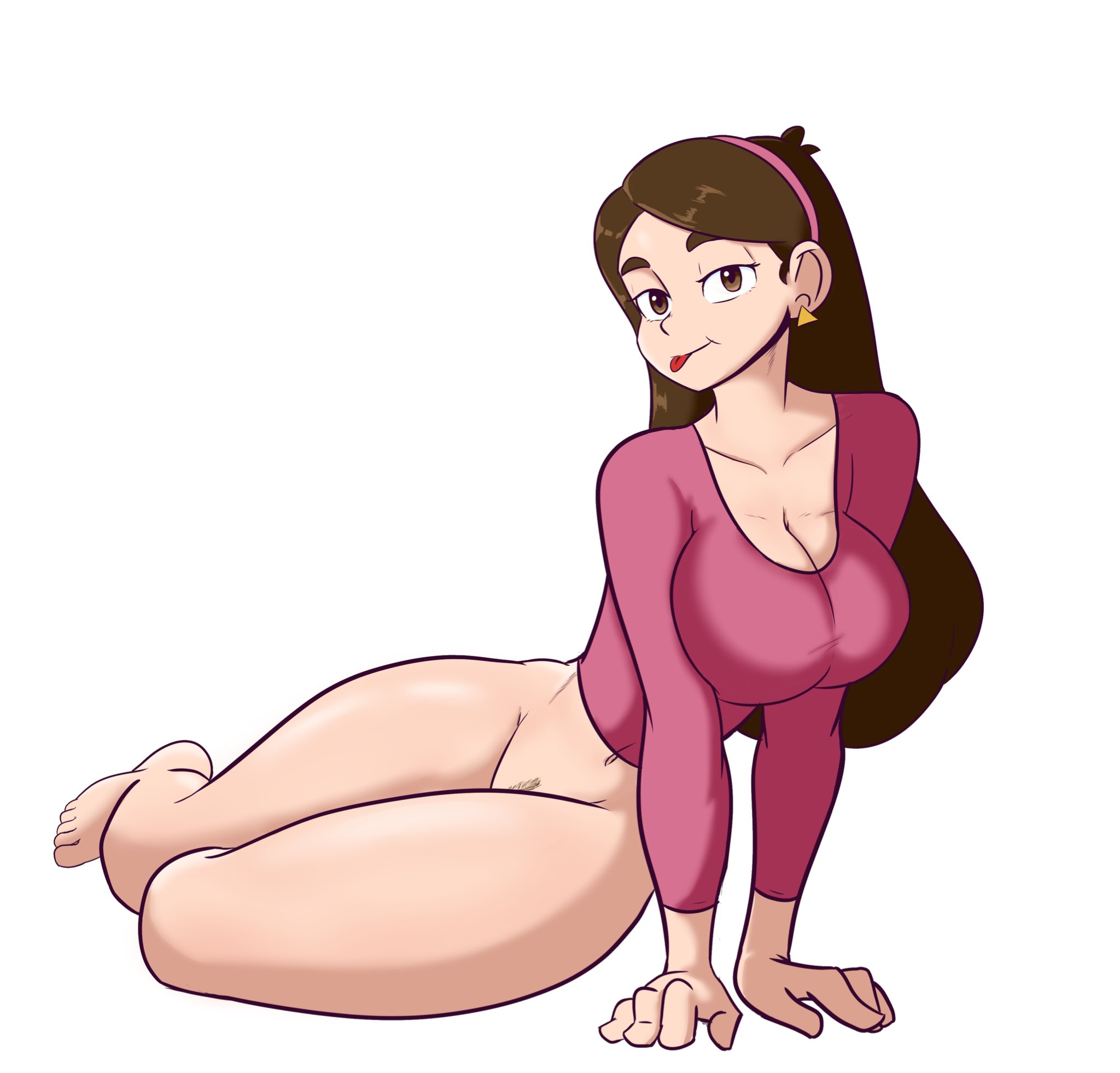 1girls, 2021, barefoot, big breasts, bottomless, breasts, brown eyes, brown hair, cleavage, clothing, disney, disney channel, disney xd, earrings, female, female only, gravity falls, hairband, human, human only, klassyarts (artist), landing strip, light skin, light-skinned female, long hair, looking at viewer, mabel pines, navel, pubic hair, shiny skin, shirt, simple background, smile, solo, straight hair, thick thighs, thighs, tongue, tongue out, white background