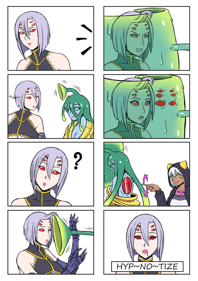 4koma comic dark_skin demon_girl female_domination femdom femsub hoodie hypnosis monster_girl monster_musume_no_iru_nichijou rachnera_arachnera suu_(monster_musume) waltherrfa