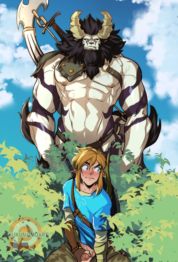 2boys animal_nose bara beard black_hair black_sclera blue_eyes blue_tunic blush bow_(weapon) breath_of_the_wild bush caught caught_in_the_act caught_masturbating centauroid clothes_pull clothing cloud cloudy_sky colored_sclera colored_skin day erection exhibitionism facial_hair full-face_blush furry height_difference hiding horns hydraulicacid imminent_rape kukumomo link link_(breath_of_the_wild) looming lynel male_focus male_masturbation male_only mane masturbation mismatched_eyebrows multiple_boys muscular muscular_male o-ring pants pants_pull patreon_logo penis pointy_ears short_hair size_difference sky snout tattoo taur the_legend_of_zelda the_legend_of_zelda:_breath_of_the_wild thick_eyebrows tribal_tattoo twitter_username uncensored watermark weapon weapon_on_back white_skin yaoi you_gonna_get_raped