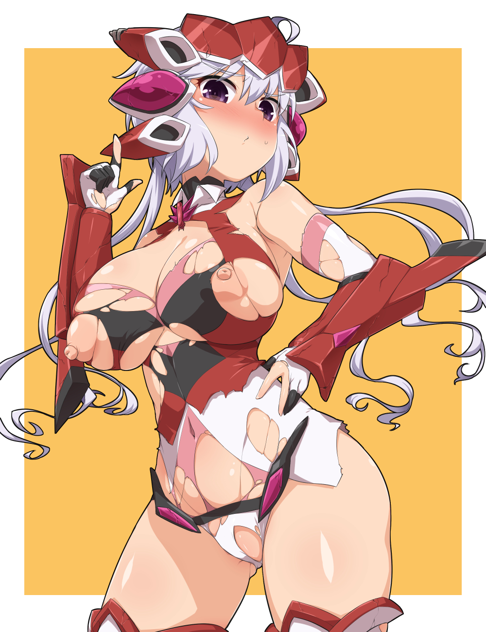 ahoge, ass visible through thighs, blush, bodysuit, breasts, commentary request, covered navel, elbow gloves, female, gloves, headgear, highres, large breasts, leotard, light purple hair, long hair, looking at viewer, low twintails, nipples, partially visible vulva, pink leotard, purple eyes, pussy, senki zesshou symphogear, shiny, shiny hair, shiny skin, solo, standing, sweatdrop, thighhighs, torn bodysuit, torn clothes, torn gloves, torn legwear, torn leotard, twintails, white legwear, yoshi tama, yukine chris