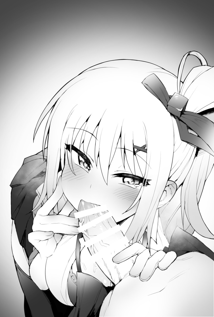 1boy bar_censor blush breasts censored cheeky eyebrows_visible_through_hair fellatio female fingernails girls'_frontline gloves grey_background greyscale hair_between_eyes hair_ornament hair_ribbon hairclip highres horny jp06 kalina_(girls'_frontline) large_breasts looking_at_viewer monochrome oral penis pov pov_crotch ribbon side_ponytail single_glove skirt smile solo_focus straight suggestive thighhighs x_hair_ornament