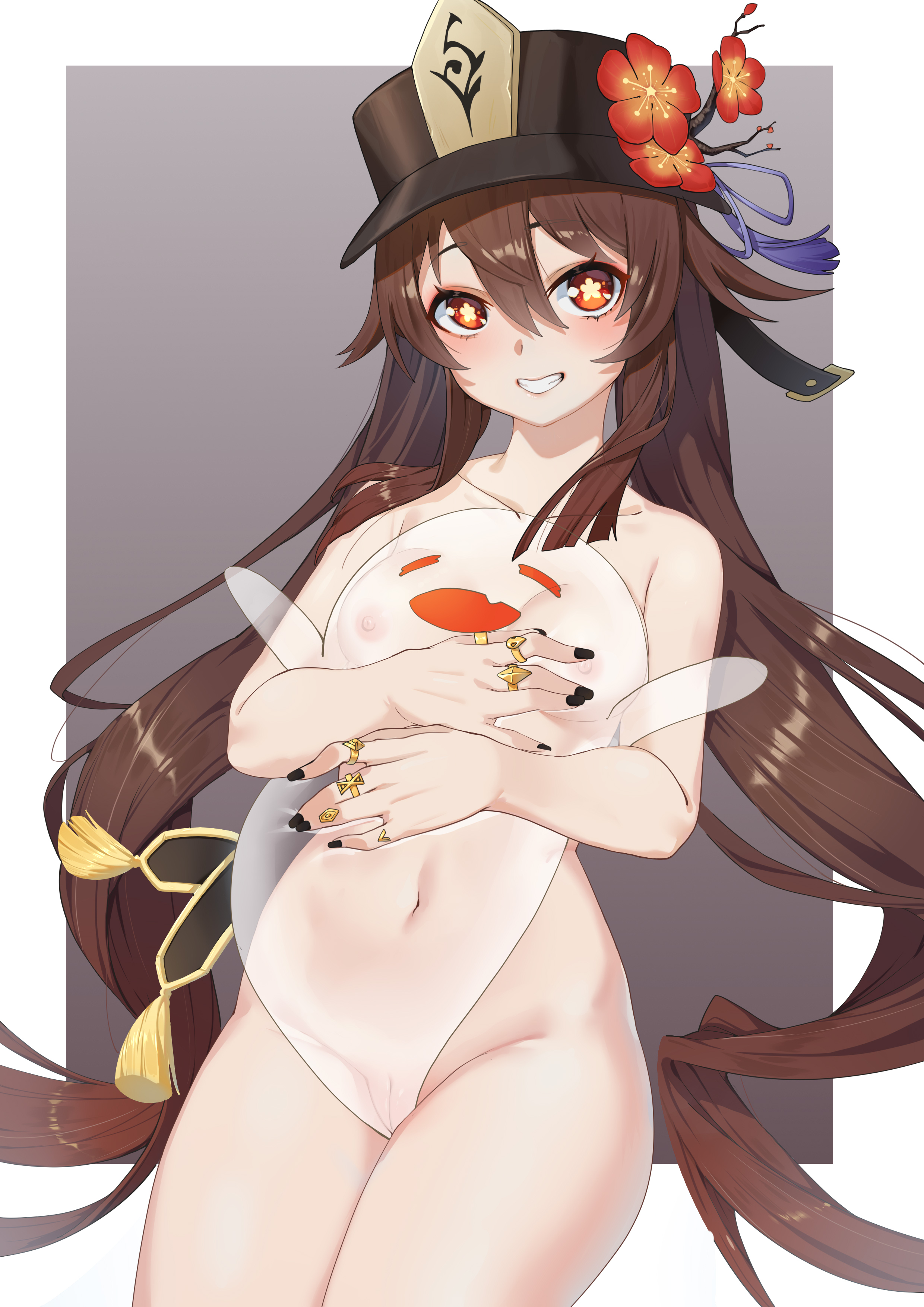 1girls, artist request, blush, breasts, brown hair, female, genshin impact, happy, hat, hi res, hu tao (genshin impact), hug, nipples, nude, nude female, pussy, red eyes, see-through, small breasts, smile