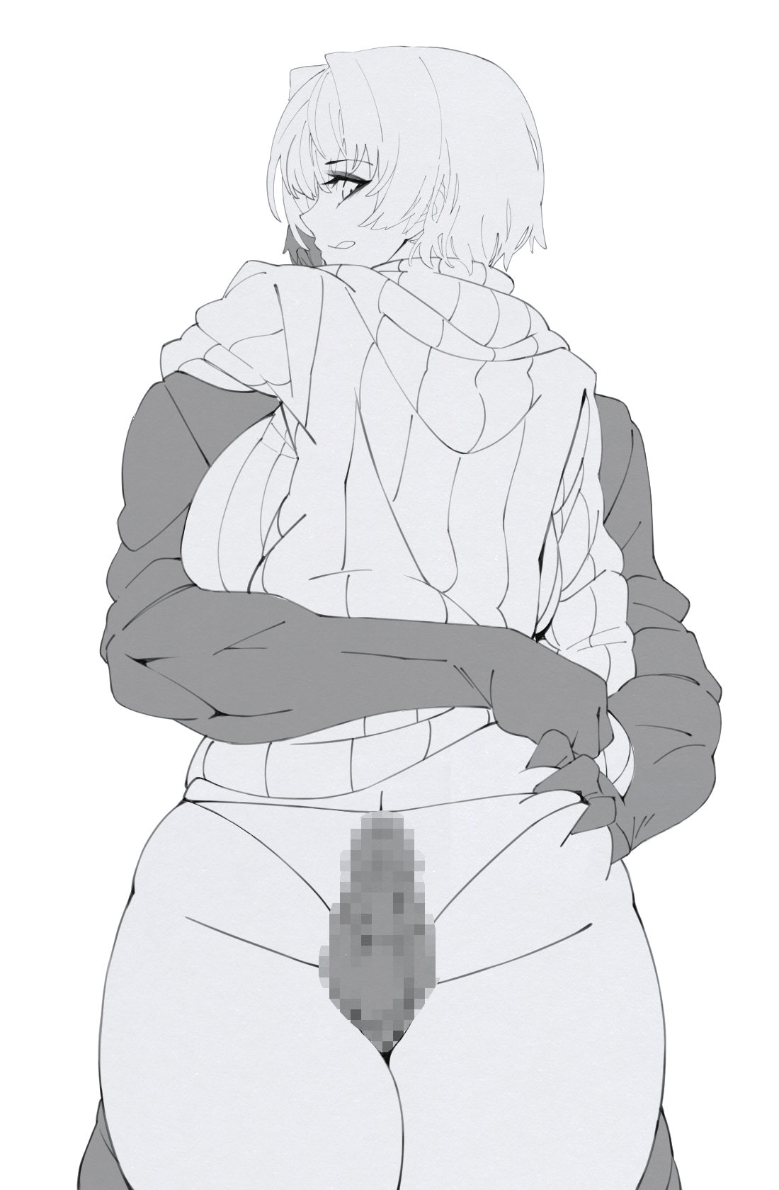 1boy, 1girls, animated, arm around waist, ass, ass grab, breasts, buckethead ero, censored, commentary request, faceless, faceless male, female, gif, greyscale, highres, hood, hoodie, huge ass, large breasts, large penis, looking back, loop, male, masculine male, monochrome, mosaic censoring, muscular, muscular male, no pants, open mouth, original, panties, penis, short hair, simple background, sleeves rolled up, straight, thick thighs, thigh sex, thighs, underwear, vertical video, white background