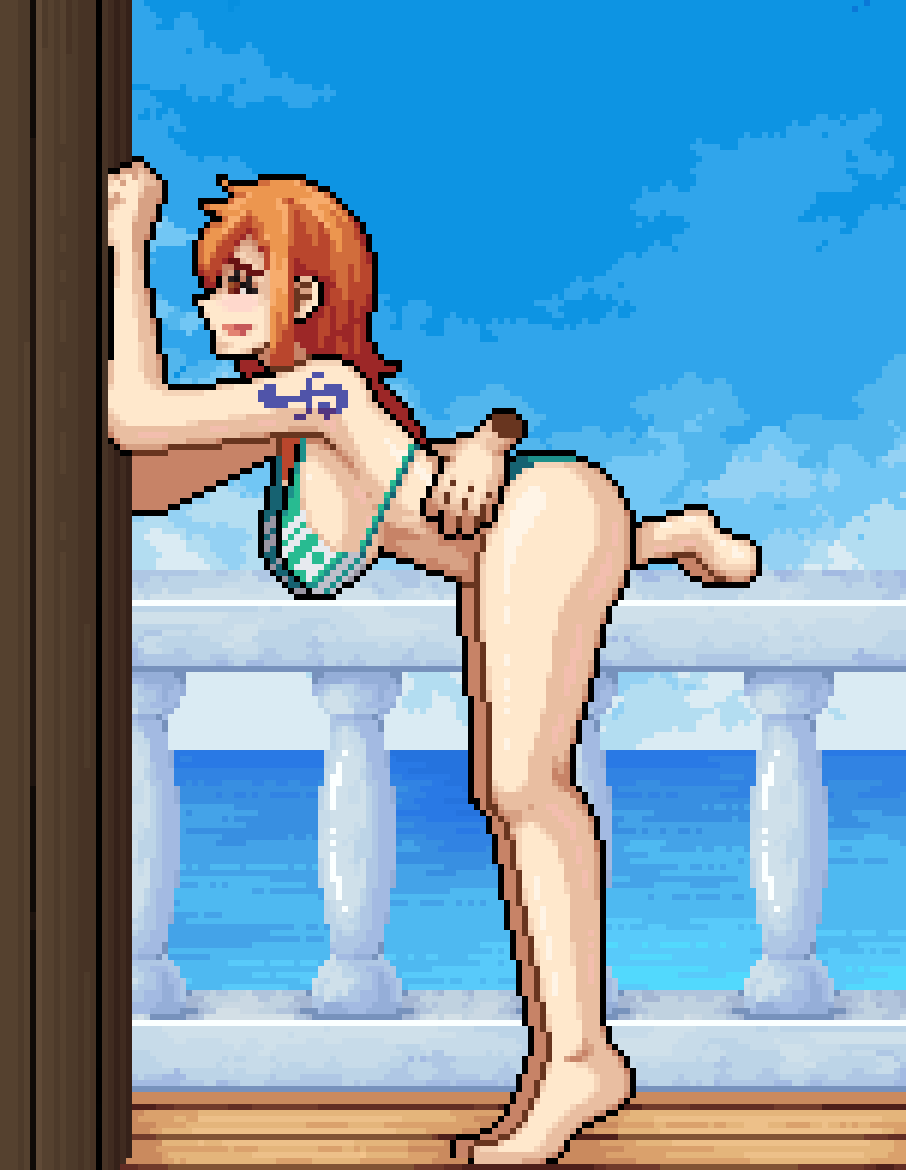 1boy, 1girls, 2d, 2d animation, ambiguous penetration, animated, arm tattoo, barefoot, bent over, bikini, bikini aside, blue tattoo, breasts, disembodied hand, disembodied penis, female, from behind position, gif, green bikini, james cabello, long hair, male, nami (one piece), one piece, orange hair, orange-haired female, penis, pixel animation, pixel art, sex, shounen jump, standing, standing sex, striped bikini, tattoo, tiptoes