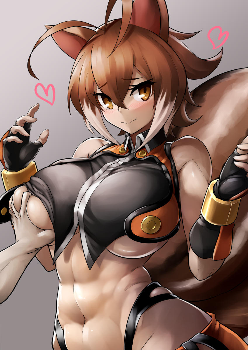 1boy 1girls abs ahoge animal_ears arc_system_works blazblue breast_grab brown_hair double_ahoge large_breasts makoto_nanaya muscular muscular_female short_hair shy smile sowel_(sk3) squirrel_ears squirrel_humanoid squirrel_tail tail underboob