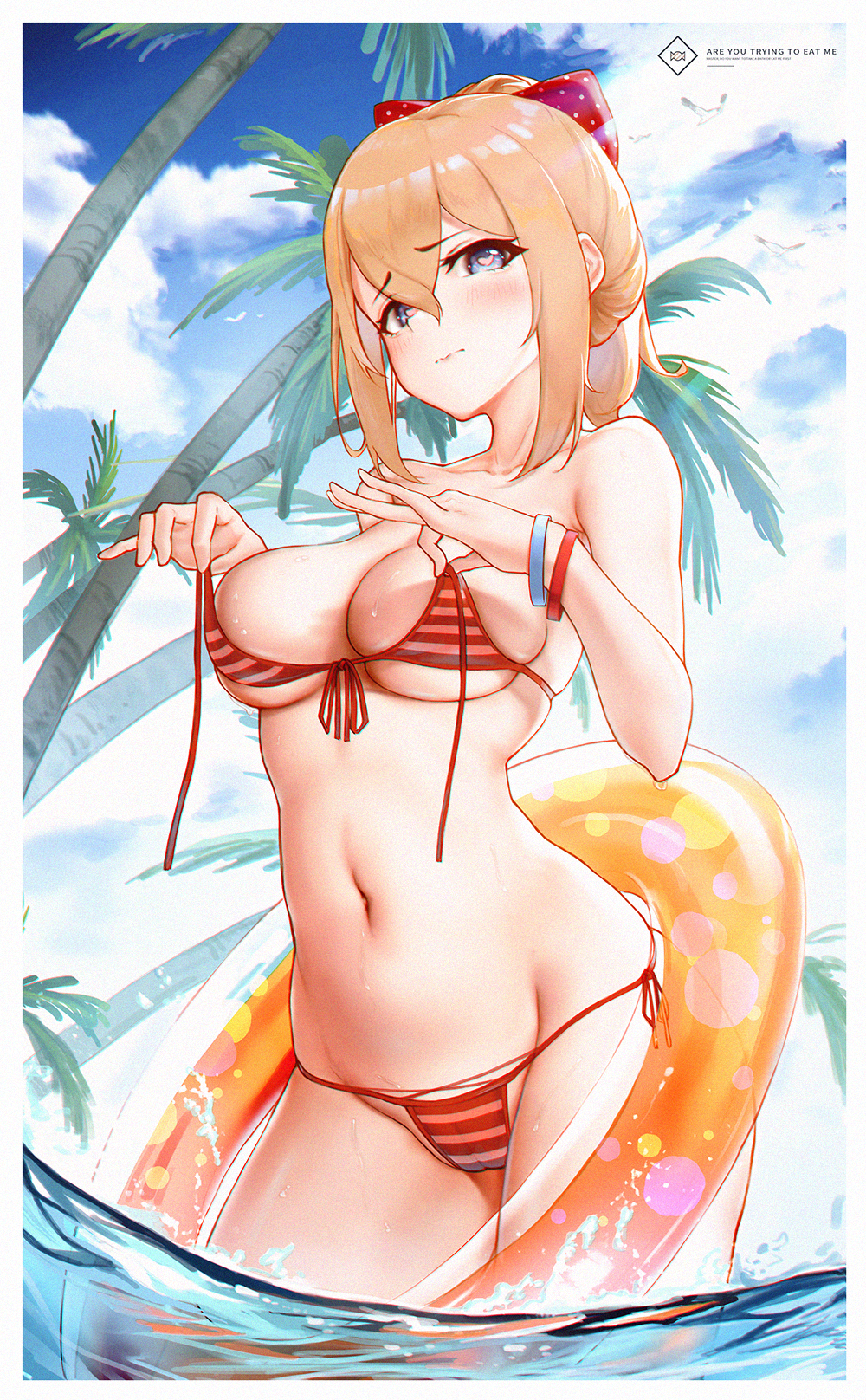 bangs bare_shoulders bikini bird blonde_hair blue_eyes blush breasts chinese_commentary commentary_request day english_text eyebrows_visible_through_hair female genshin_impact groin hair_between_eyes heart heart-shaped_pupils highres holding_strap innertube jean_gunnhildr l_ract large_breasts long_hair looking_at_viewer navel outdoors palm_tree red_bikini side-tie_bikini skindentation sky solo standing stomach striped striped_bikini swimsuit symbol-shaped_pupils tree wading water wristband