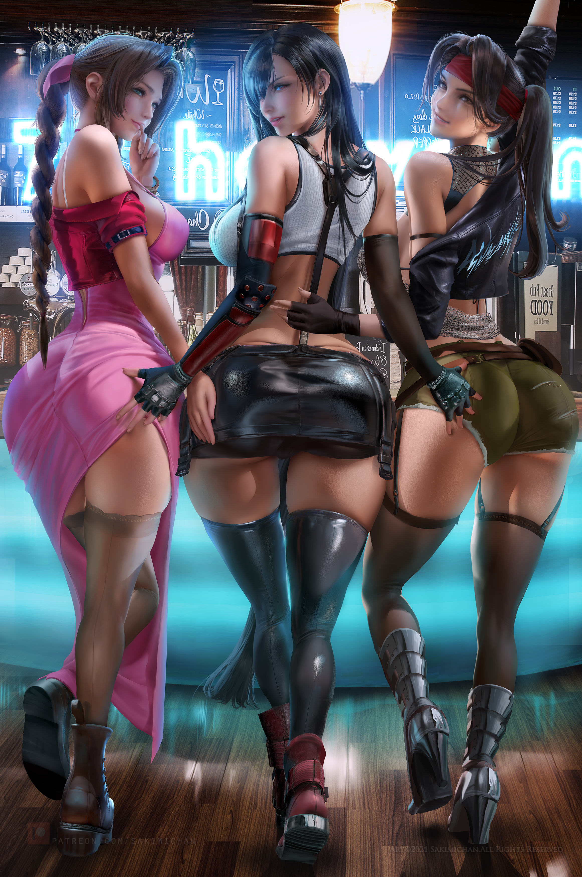3girls, aerith gainsborough, ass, ass focus, big ass, breasts, dress, female, final fantasy, final fantasy vii, final fantasy vii remake, full body, hourglass figure, huge breasts, jessie rasberry, sakimichan, shorts, skirt, square enix, standing, tank top, thighhighs, tifa lockhart