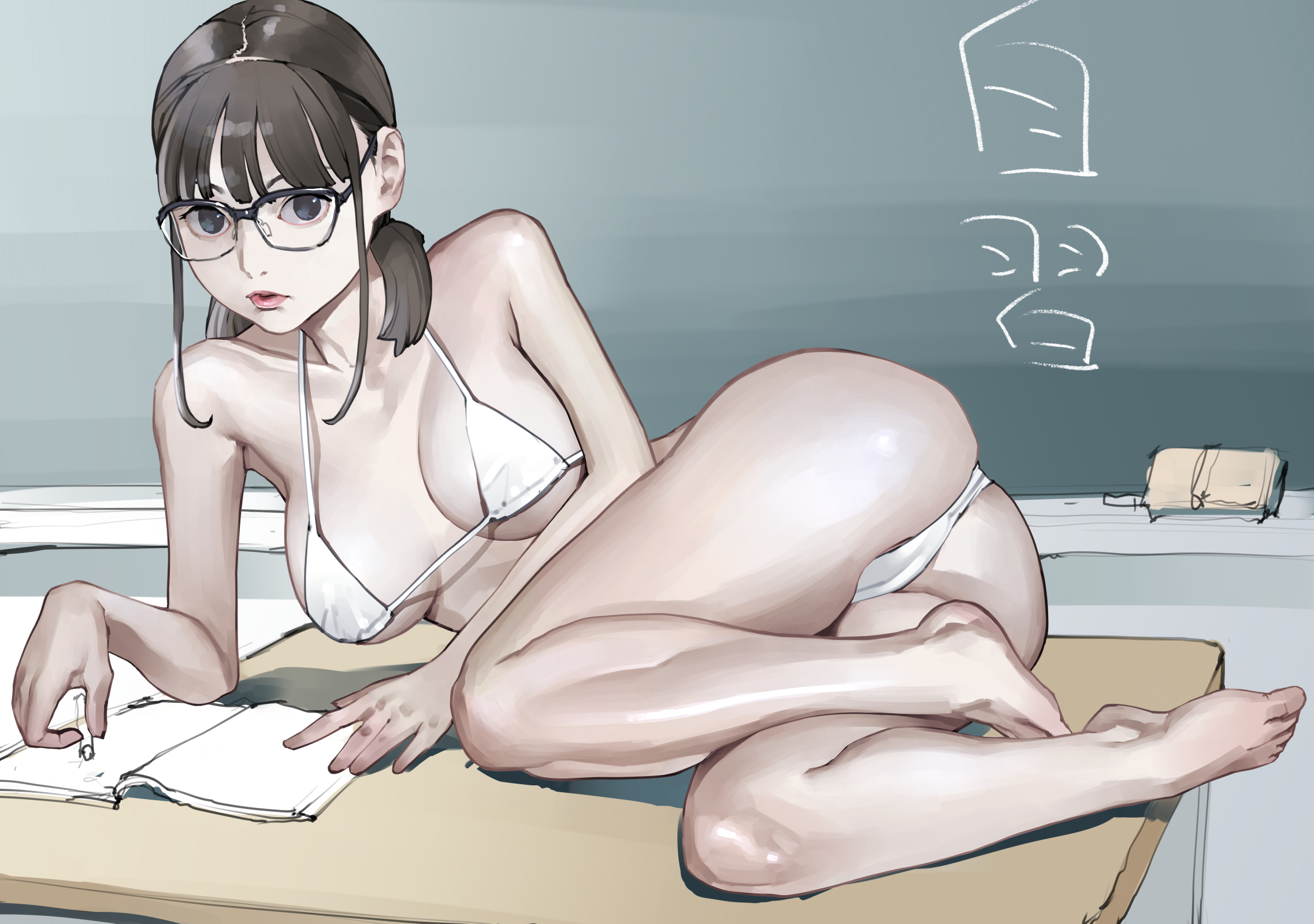 1girls, ass, blackboard, breasts, classroom, cleavage, feet, female, glasses, inamitsu shinji, looking at viewer, medium breasts, panties, pinup, pose, solo, string bikini