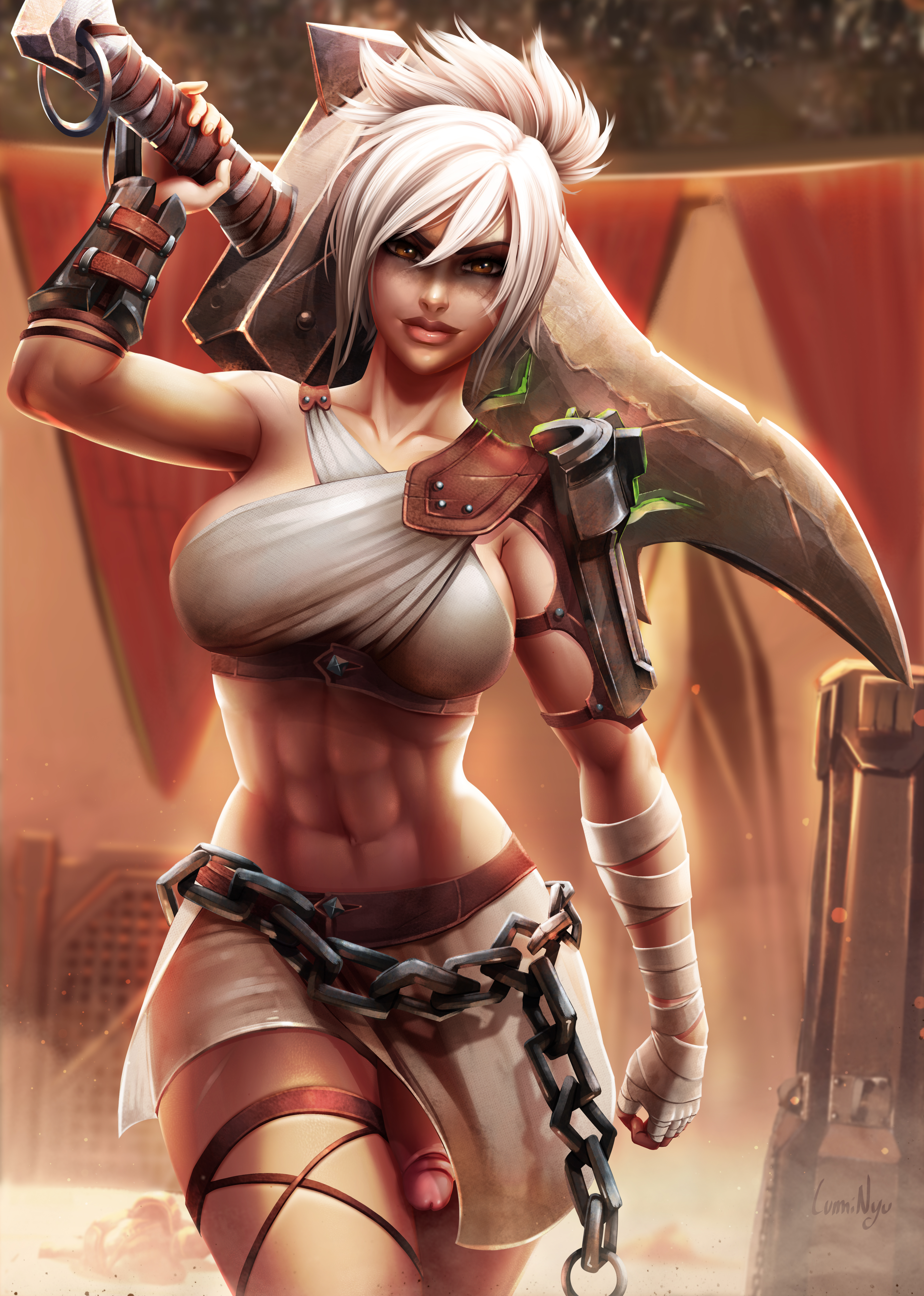 1futa, abs, background, bandage, breasts, chains, clothed, clothing, female, flaccid, futa only, futanari, intersex, league of legends, lips, looking at viewer, luminyu, makeup, muscles, muscular, muscular female, navel, open eyes, penis, riot games, riven, scar, short hair, sideboob, solo, solo focus, solo futa, sword, text, thick thighs, uncensored, url, watermark, weapon, white hair