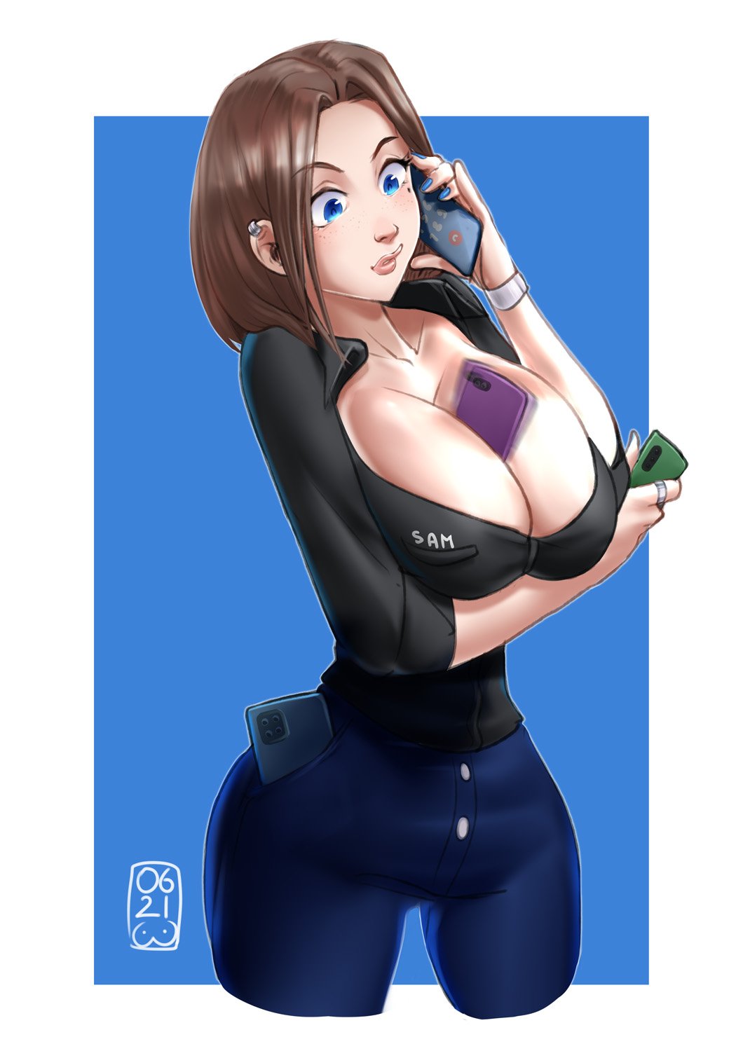 big breasts, blue nail polish, blue nails, bosomforpillow, breasts, brown hair, busty, cleavage, ear piercing, female, phone, samsung, samsung sam, tagme