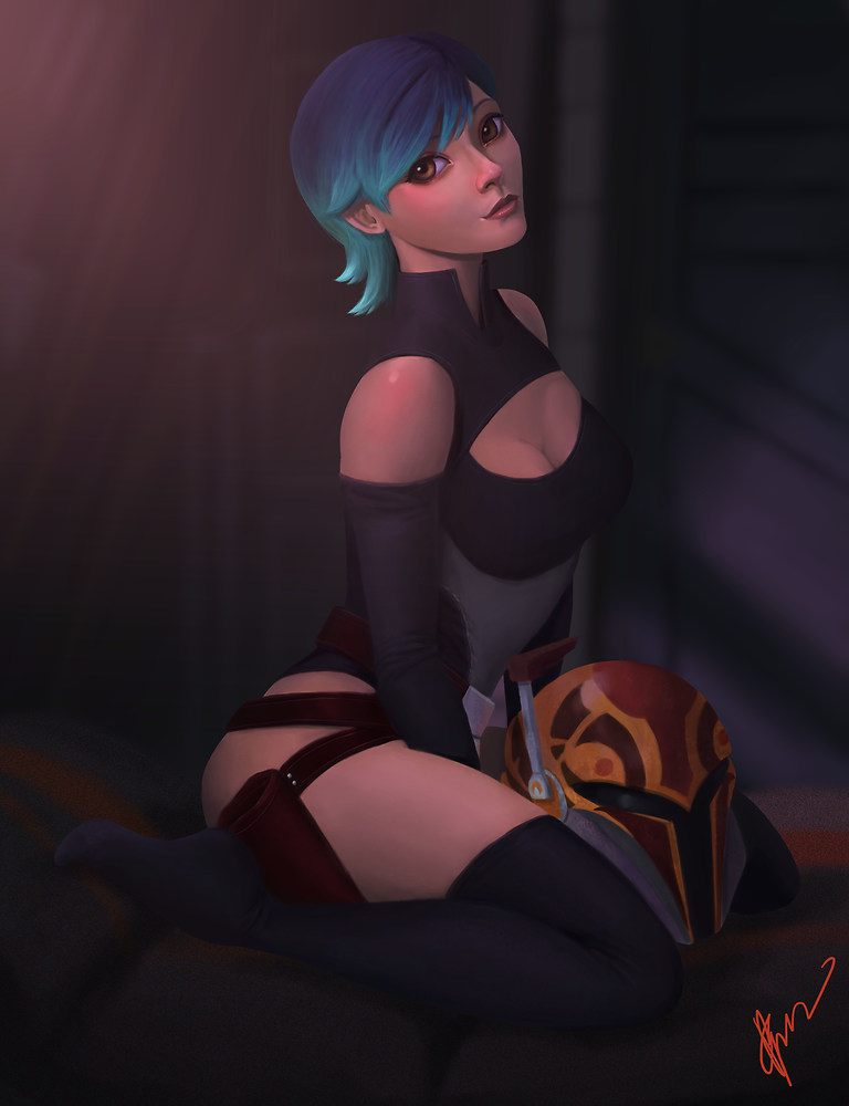 1girls, arm warmers, armwear, bed, belt, blue hair, blush, bodysuit, breasts, brown eyes, cleavage, clothed, clothing, colored hair, curvy, female, female focus, female only, grey clothing, helmet, helmet removed, holster, indoors, kneeling, looking at viewer, medium breasts, on bed, perronegro300, pose, revealing clothes, sabine wren, short hair, smile, socks, solo, star wars, star wars rebels, thighhighs, watermark, wide hips