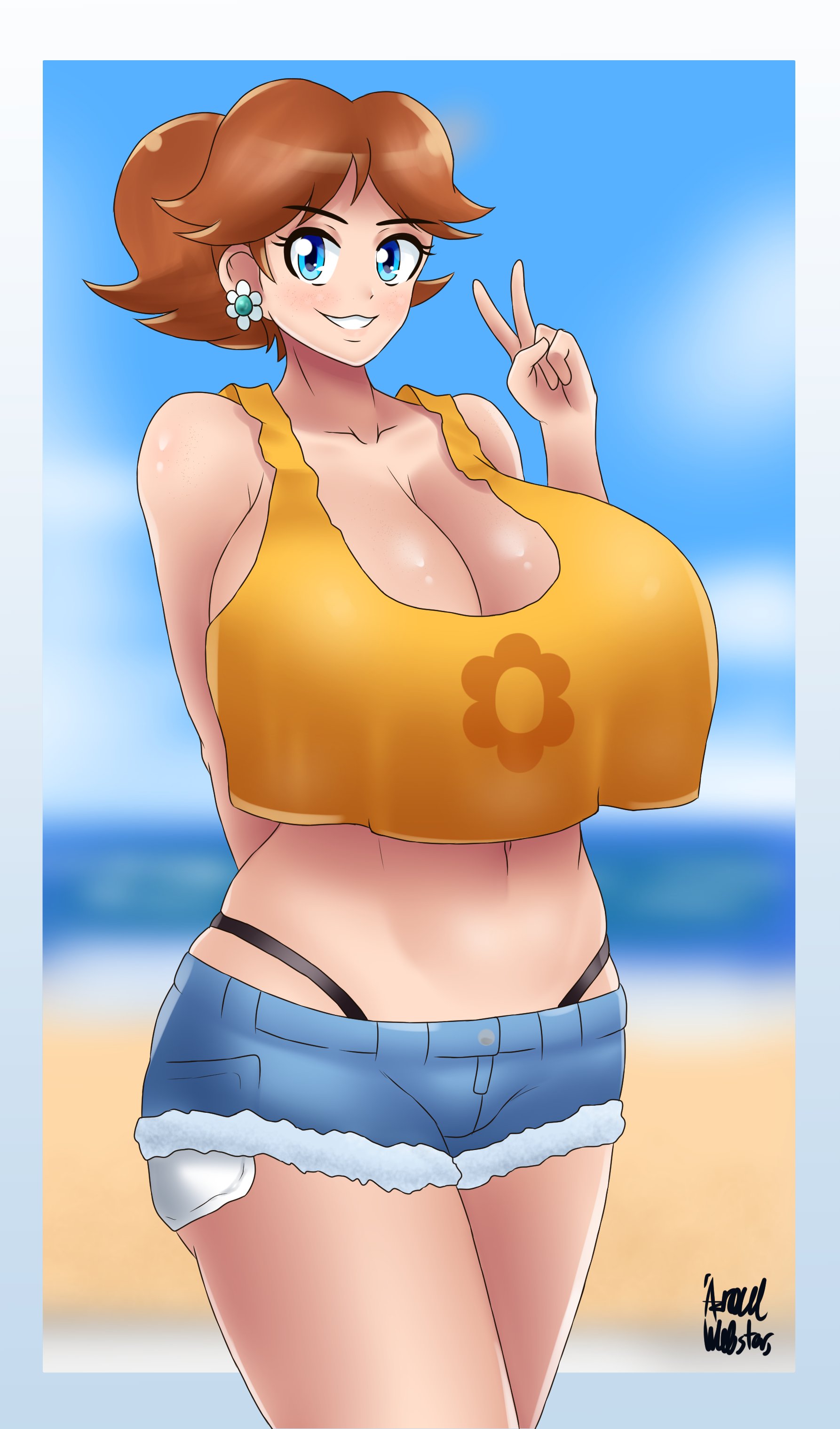 1girls, alternate breast size, azraelwebster, belly button, big breasts, blue eyes, breasts, brown hair, earrings, female, female only, flower earrings, freckles, huge breasts, large breasts, looking at viewer, mario (series), navel, nintendo, outdoors, peace sign, ponytail, princess daisy, short shorts, shorts, small shirt, smile, smiling, smiling at viewer, solo, solo female, standing, thick thighs, top heavy, v, white border, wide hips