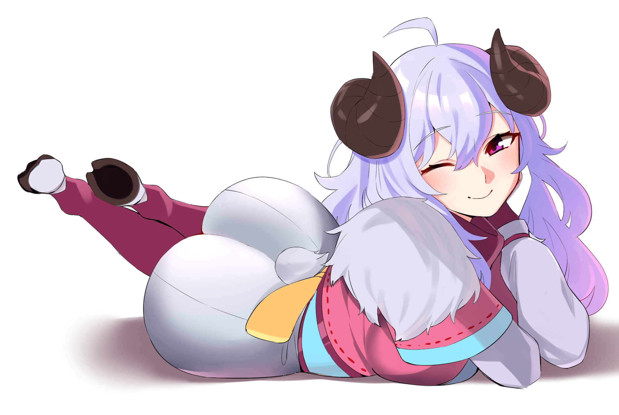 ass, big ass, bubble ass, bubble butt, clothed, clothing, female, fully clothed, holybreen, hooves, horns, kindred, lamb (league of legends), laying down, league of legends, purple hair, seductive smile, spirit blossom kindred