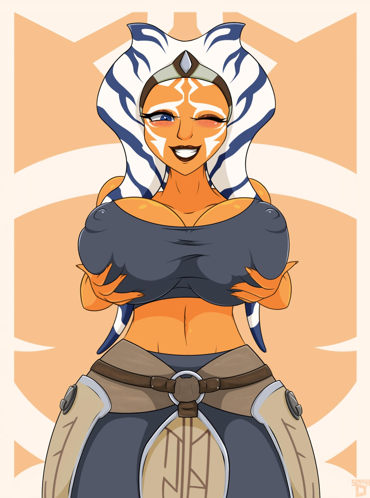 1girls ahsoka_tano big_breasts blue_eyes blush breasts cleavage clothed clothing curvy female_focus female_only hi_res looking_at_viewer nipples revealing_clothes simple_background smash-d smile solo star_wars star_wars_rebels text wide_hips wink