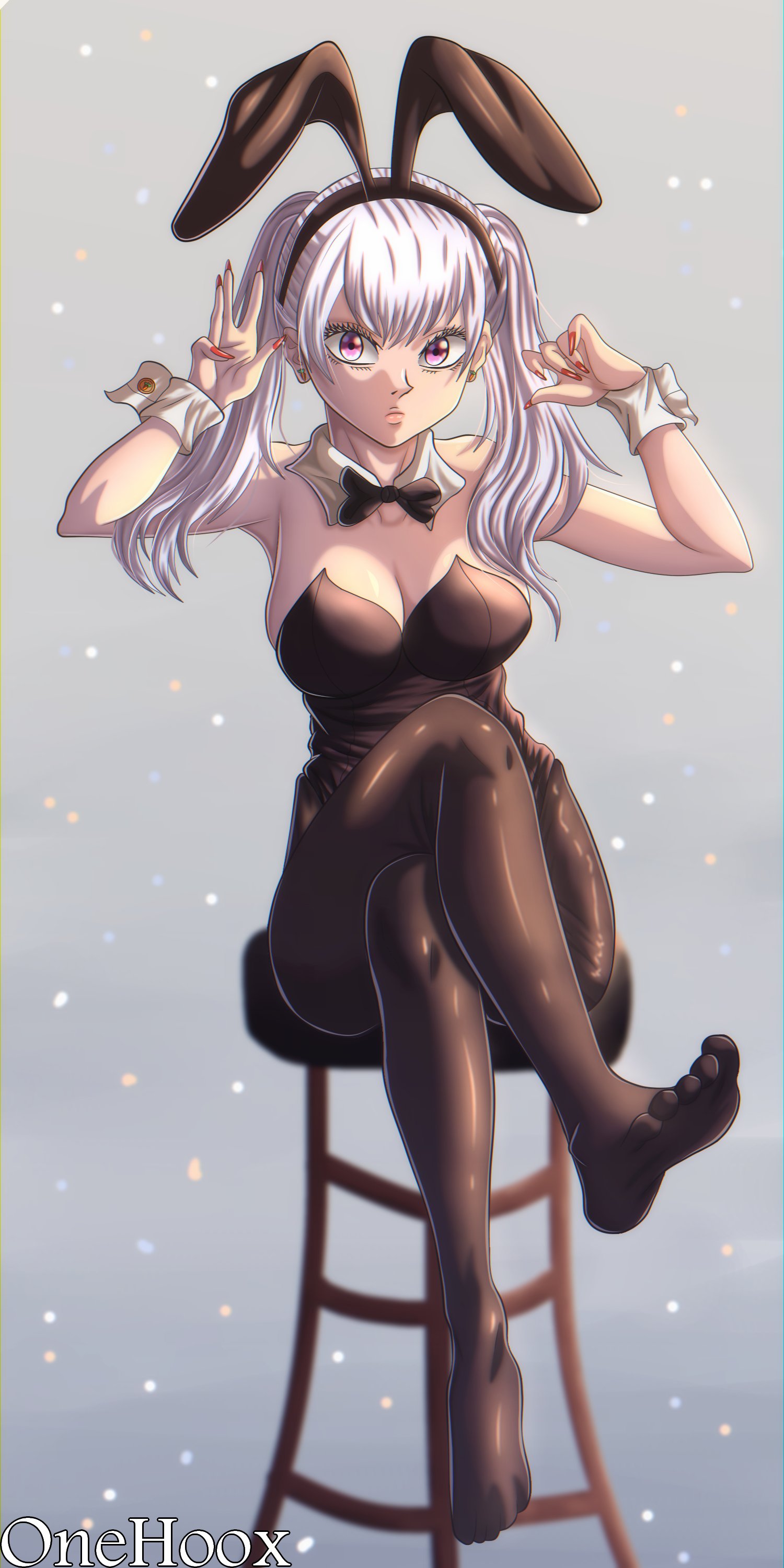 1girls, animal ears, big breasts, black clover, breasts, bunny costume, bunny ears, female, female only, leotard, noelle silva, pantyhose, pink eyes, royalty, silver hair, teenager, twintails