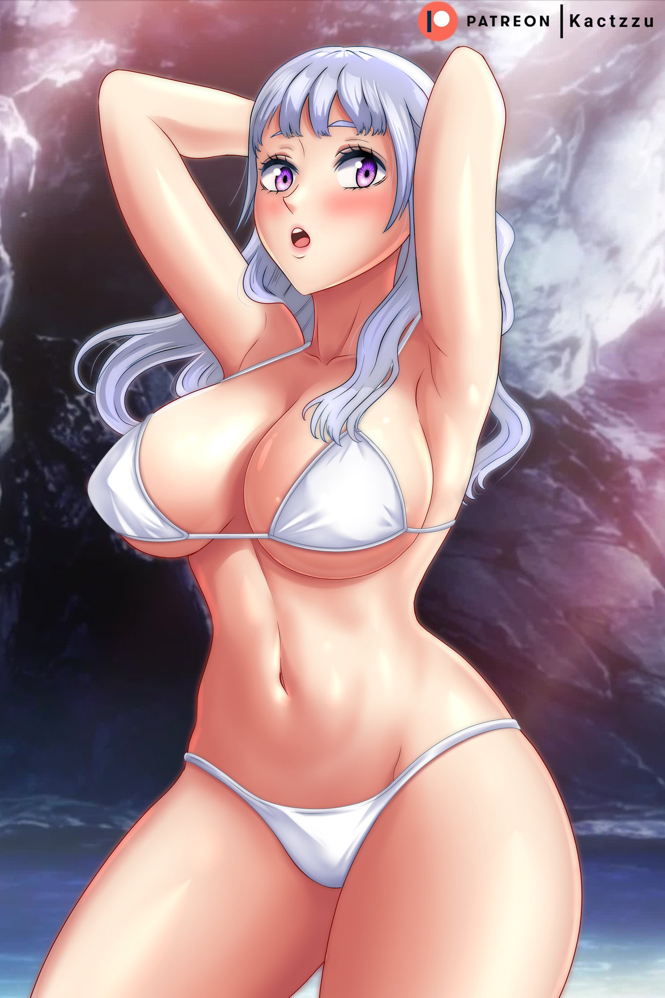 1girls, big breasts, bikini, black clover, breasts, female, kactzzu, noelle silva, pink eyes, royalty, silver hair, small bikini, swimsuit, twintails, white bikini