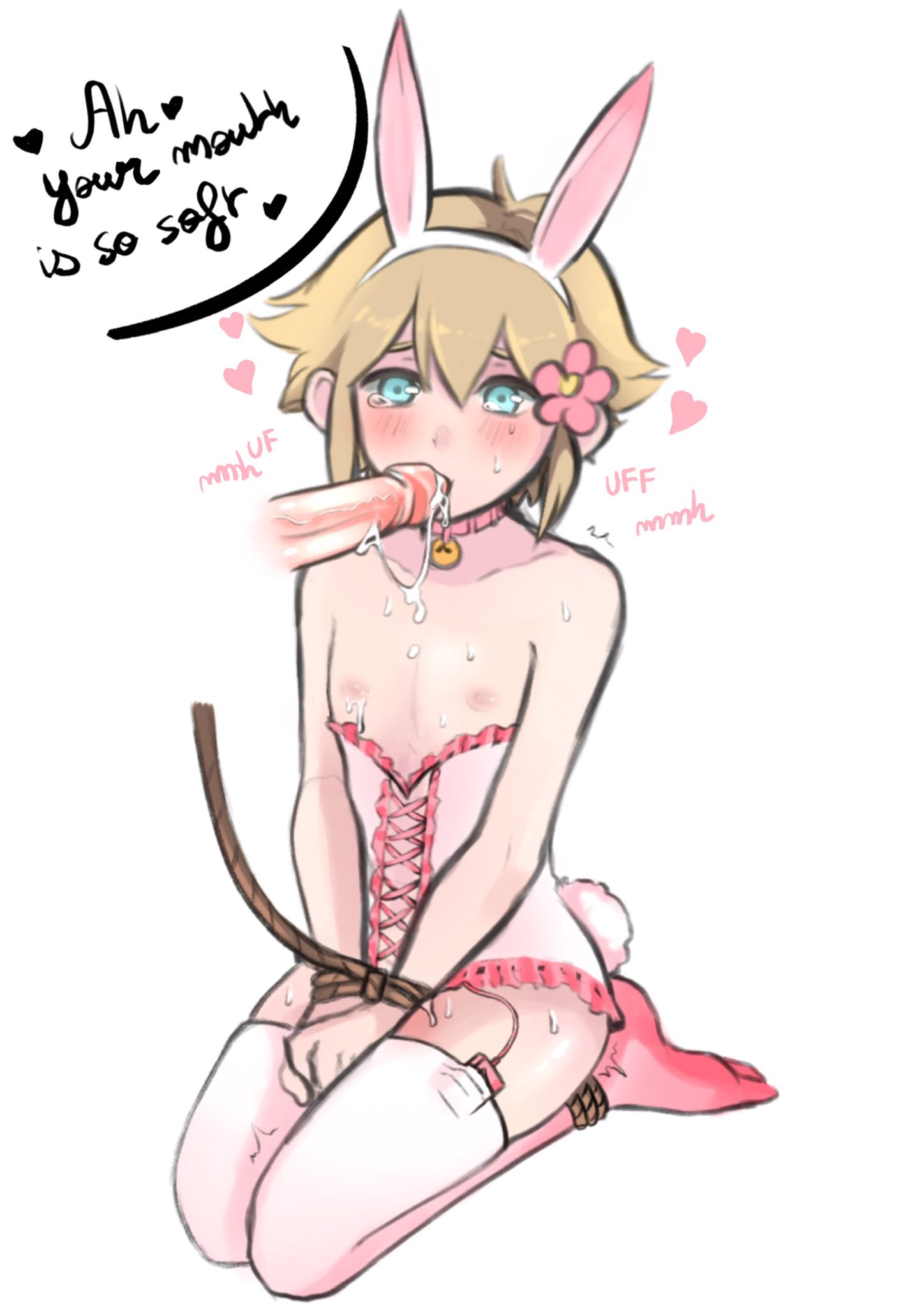 2boys, basil (omori), blush, bunny ears, crossdressing, crying, cum, cum in mouth, cum inside, cum on body, cum on tongue, erection, femboy, gay, girly, hornydaddy, male, male only, omori, open mouth, oral, penis, rope bondage, tagme, tied hands, tongue, tongue out, yaoi