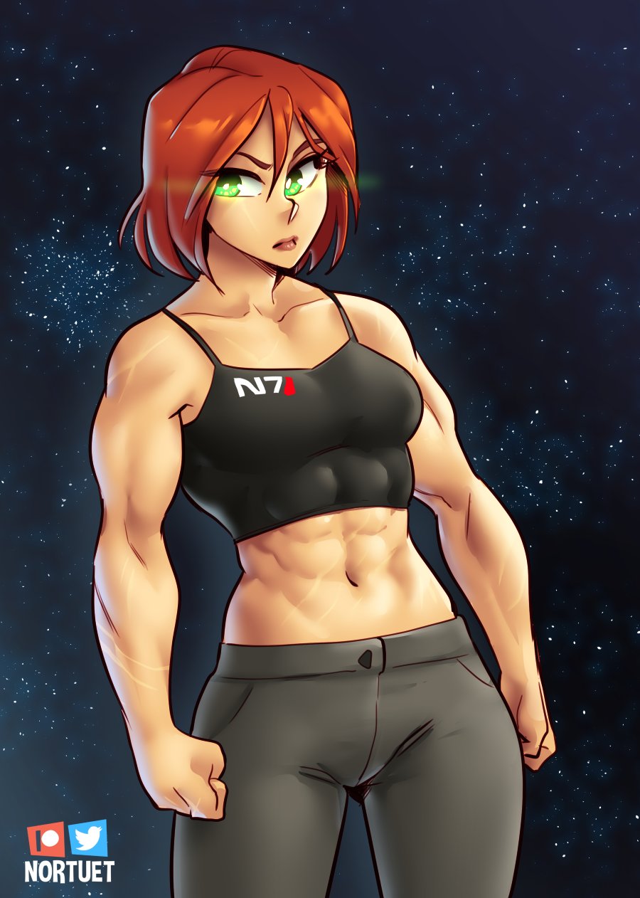 1girls, breasts, clothed, clothing, commander shepard, female, female focus, female only, femshep, green eyes, hi res, jane shepard, mass effect, medium hair, muscular, muscular female, nortuet, nortuet universe, pose, red hair, revealing clothes, simple background, small breasts, solo, watermark