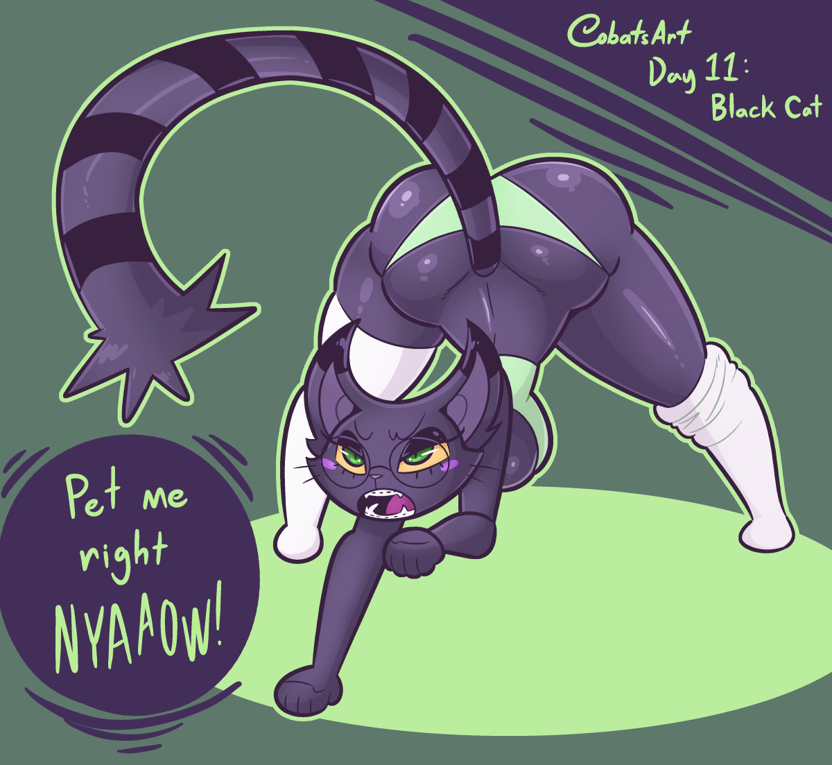 2019, ass, ass up, braces, breasts, cat ears, cat humanoid, cat tail, cobatsart, female, furry, glasses, green eyes, green panties, original, original character, panties, paws, purple fur, round glasses, sideboob, speech bubble, striped tail, tail, text, thigh squish, thighhighs, thighs, unusual anatomy, unusual eyes, unusual pupils, watermark, white socks, yellow sclera