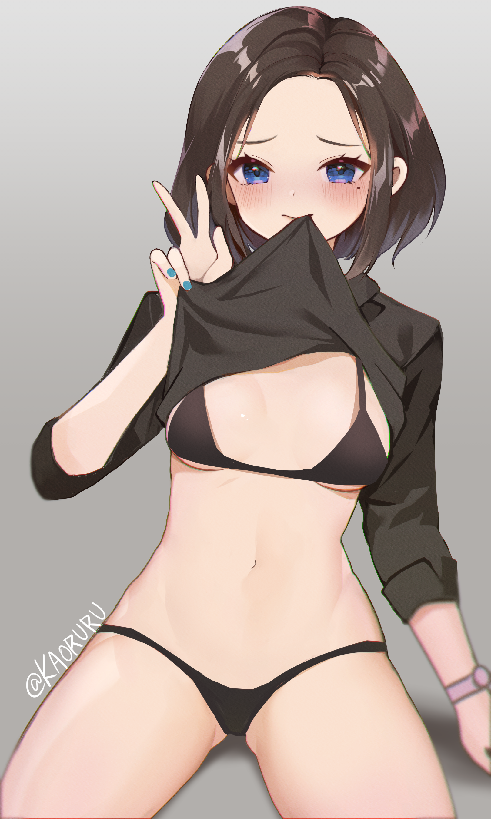 1girls, 2021, absurd res, artist name, black bra, black panties, blue eyes, blue nails, blush, bra, breasts, brown hair, cleavage, clothing, embarrassed, female, female only, gradient background, grey background, highres, kaoruru, leaning back, lifted by self, looking at viewer, mole, mole under eye, mouth hold, nail polish, navel, panties, samsung, samsung sam, shirt, shirt in mouth, shirt lift, signature, simple background, sitting, small breasts, solo, thighs, twitter username, underwear, w, watch, wristwatch