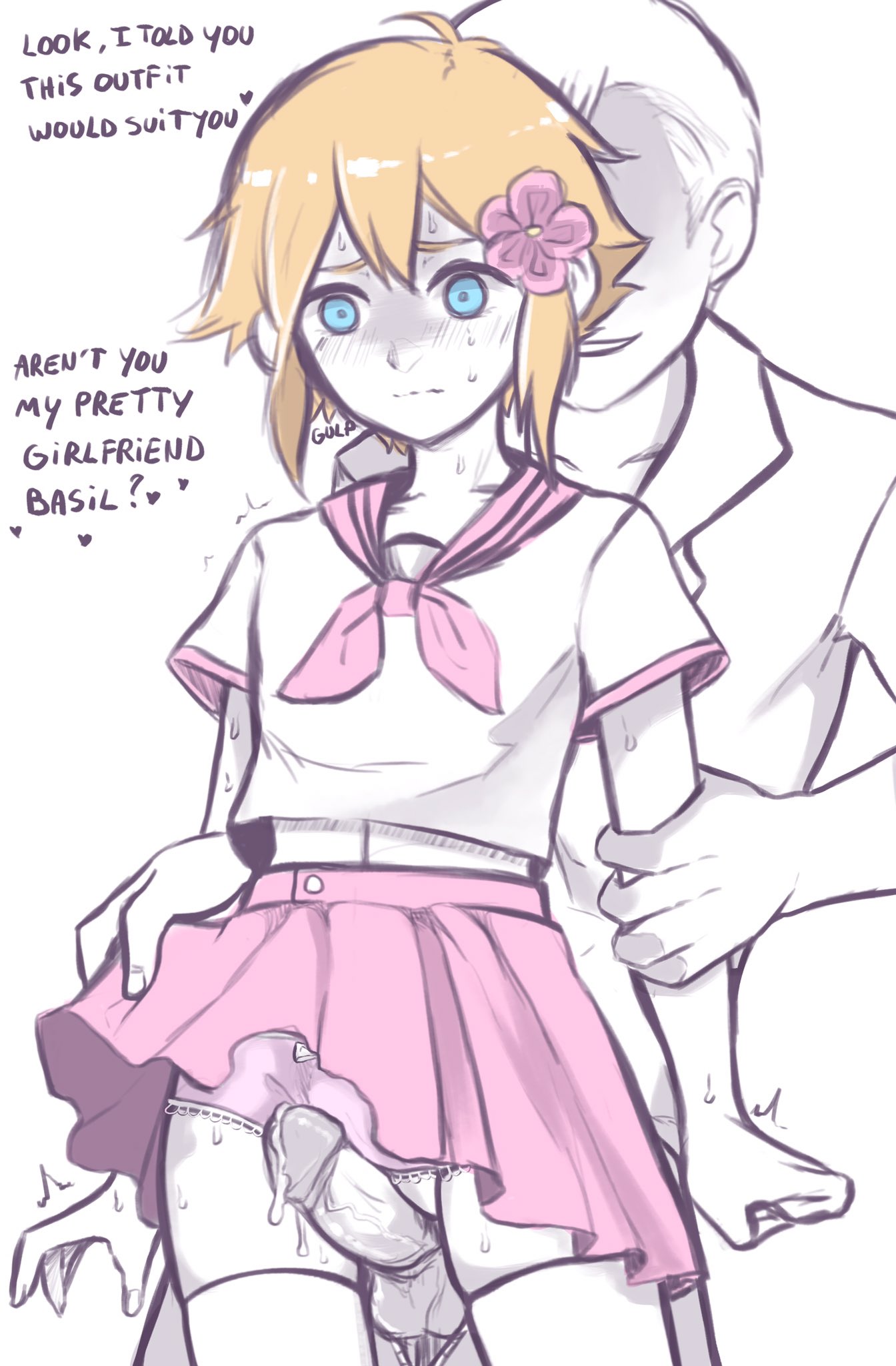 2boys, arm grab, basil (omori), blonde, blonde hair, blush, crossdressing, crossdressing male, cum, cum drip, cum dripping, dubious consent, erection, femboy, feminine male, feminization, gay, girly, hornydaddy, male, male only, omori, penis, pink skirt, questionable consent, tagme, trap, twink, upskirt, yaoi