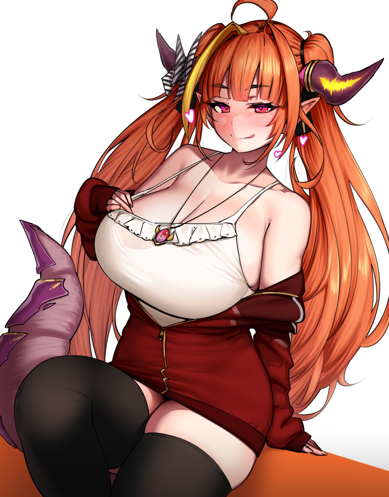 1girls ahoge black_thighhighs blush burakku-ra clothing dragon_girl dragon_horns dragon_tail female female_focus female_only heart hi_res holoforce hololive hololive_japan horns huge_breasts kiryu_coco licking_lips long_hair looking_at_viewer necklace orange_hair pointy_ears red_eyes solo solo_female tail thick_thighs thighhighs twintails virtual_youtuber voluptuous white_background yellow_highlights