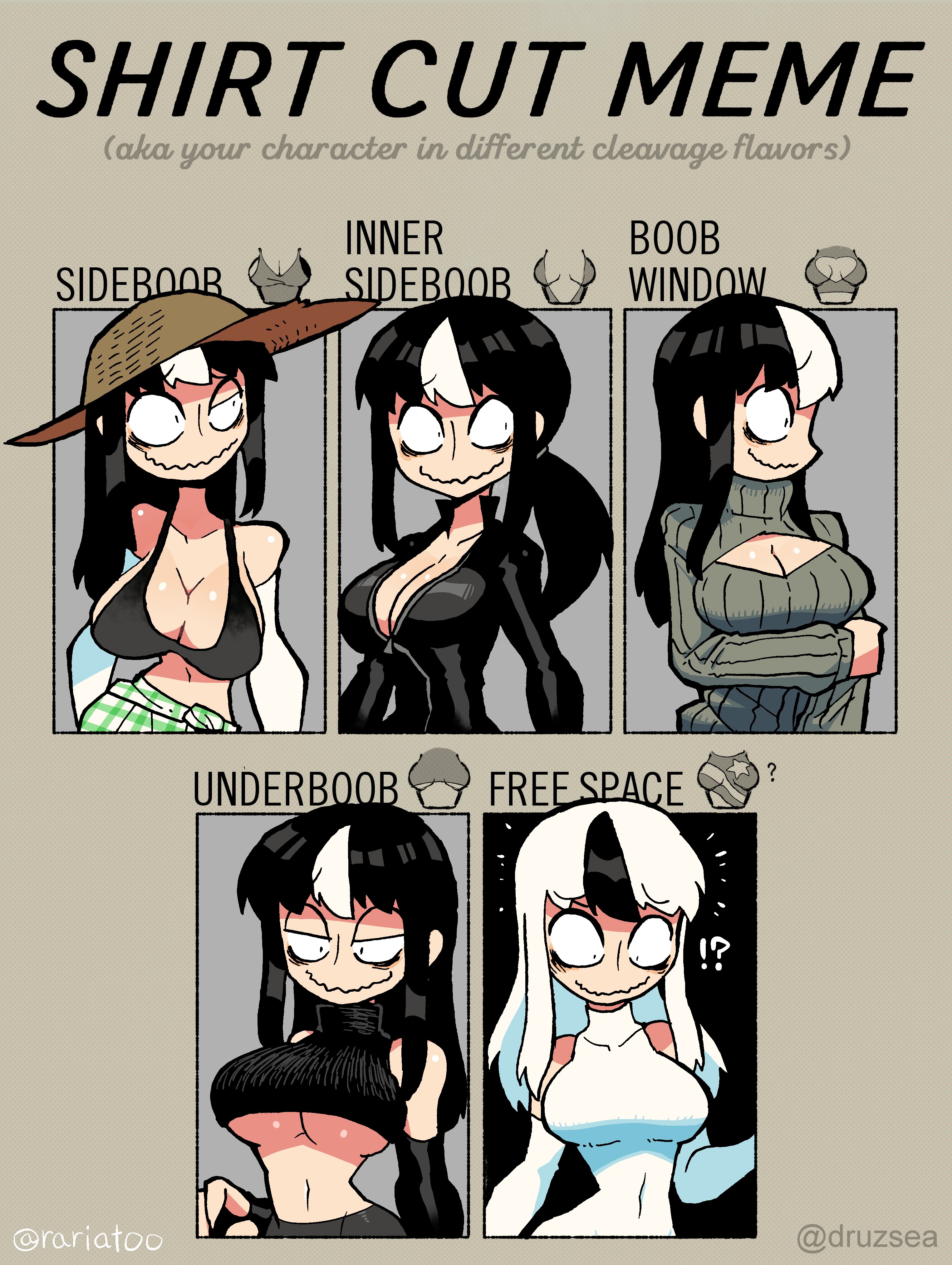 !?, 2021, big breasts, black hair, breasts, cleavage, cleavage cutout, crap-man, female, meme, mob face, monster girl, noss the nosferatu (crap-man), original, original character, ponytail, shirt cut meme, sideboob, streaked hair, sweater, tagme, tight clothing, two-tone hair, underboob, white hair