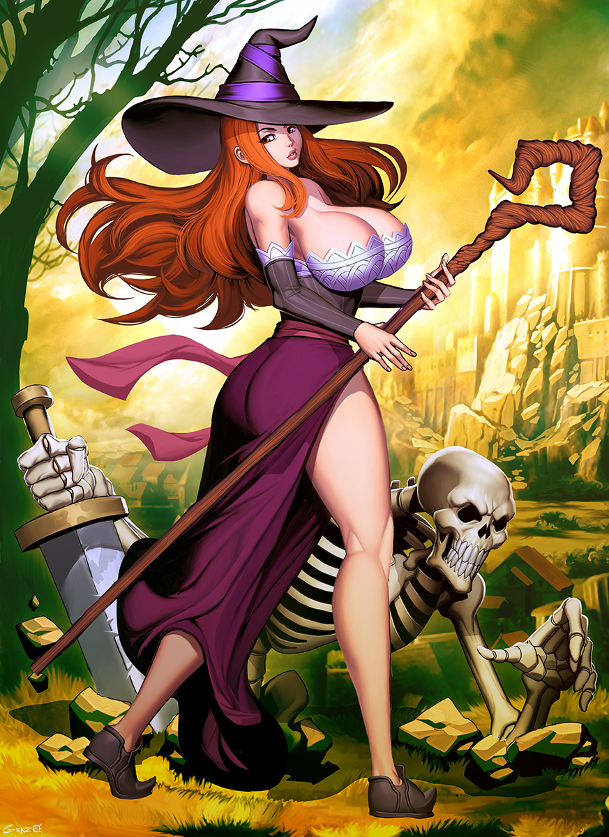 1girls auburn_hair brown_eyes bubble_butt dragon's_crown genzoman huge_breasts long_hair shoes skeleton sorceress_(dragon's_crown) voluptuous witch_hat