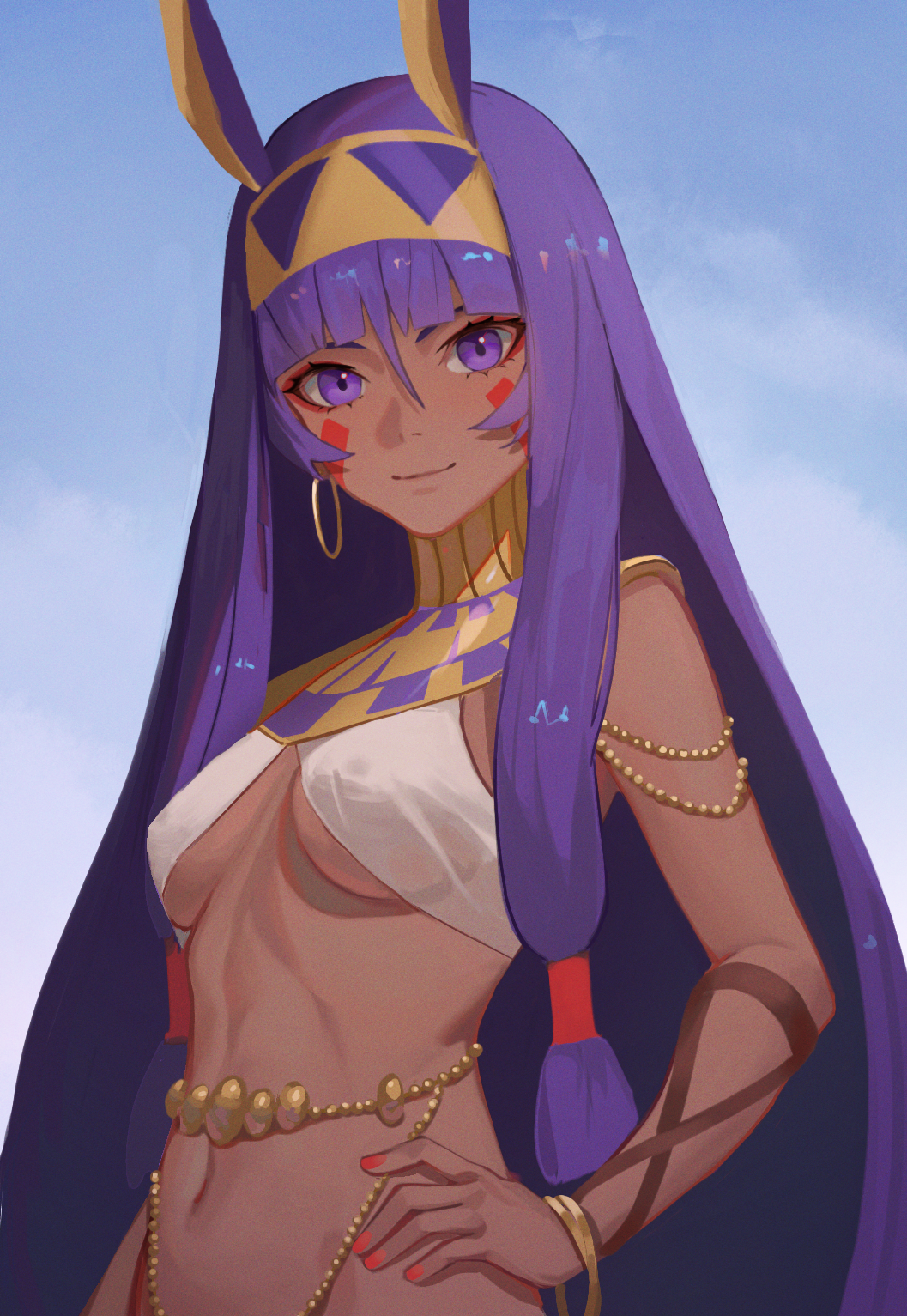 1girls animal_ears bangs breasts dark-skinned_female dark_skin drid facepaint fate/grand_order fate_(series) female hand_on_hip highres jackal_ears long_hair looking_at_viewer medium_breasts nail_polish nitocris_(fate) nitocris_(fate/grand_order) purple_eyes purple_hair red_nails see-through see-through_clothing shiny shiny_skin solo very_long_hair