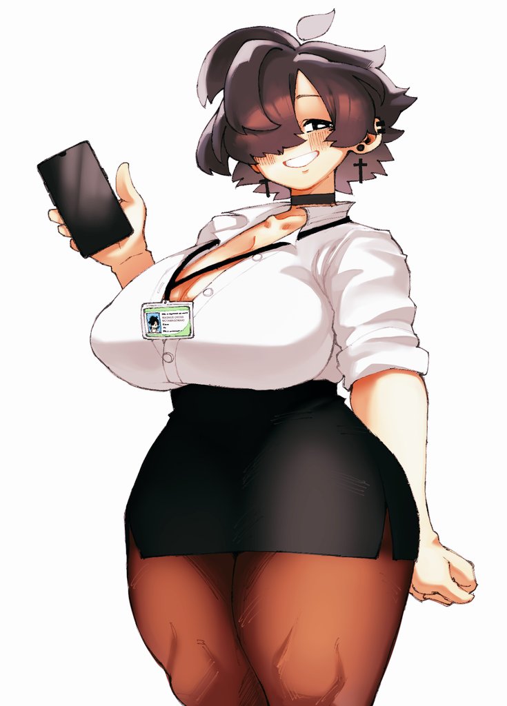 big_breasts black_hair breasts business_suit business_woman busty choker cleavage earrings female female_focus female_only goth hourglass_figure large_breasts magnolia_(mctamagomaki) mctamagomaki miniskirt office_lady pantyhose pose posing secretary shirt short_hair skirt sleeves_rolled_up solo thick_thighs wide_hips