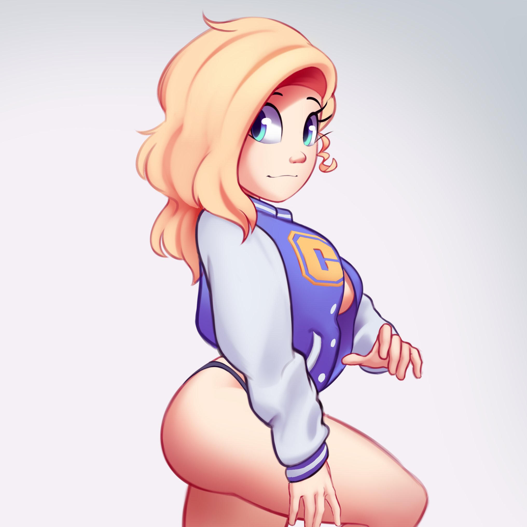 ass, blonde hair, blue eyes, breasts, cassidy (saymanart), cute, female, letterman jacket, looking at viewer, original, saymanart, simple background, smile, standing