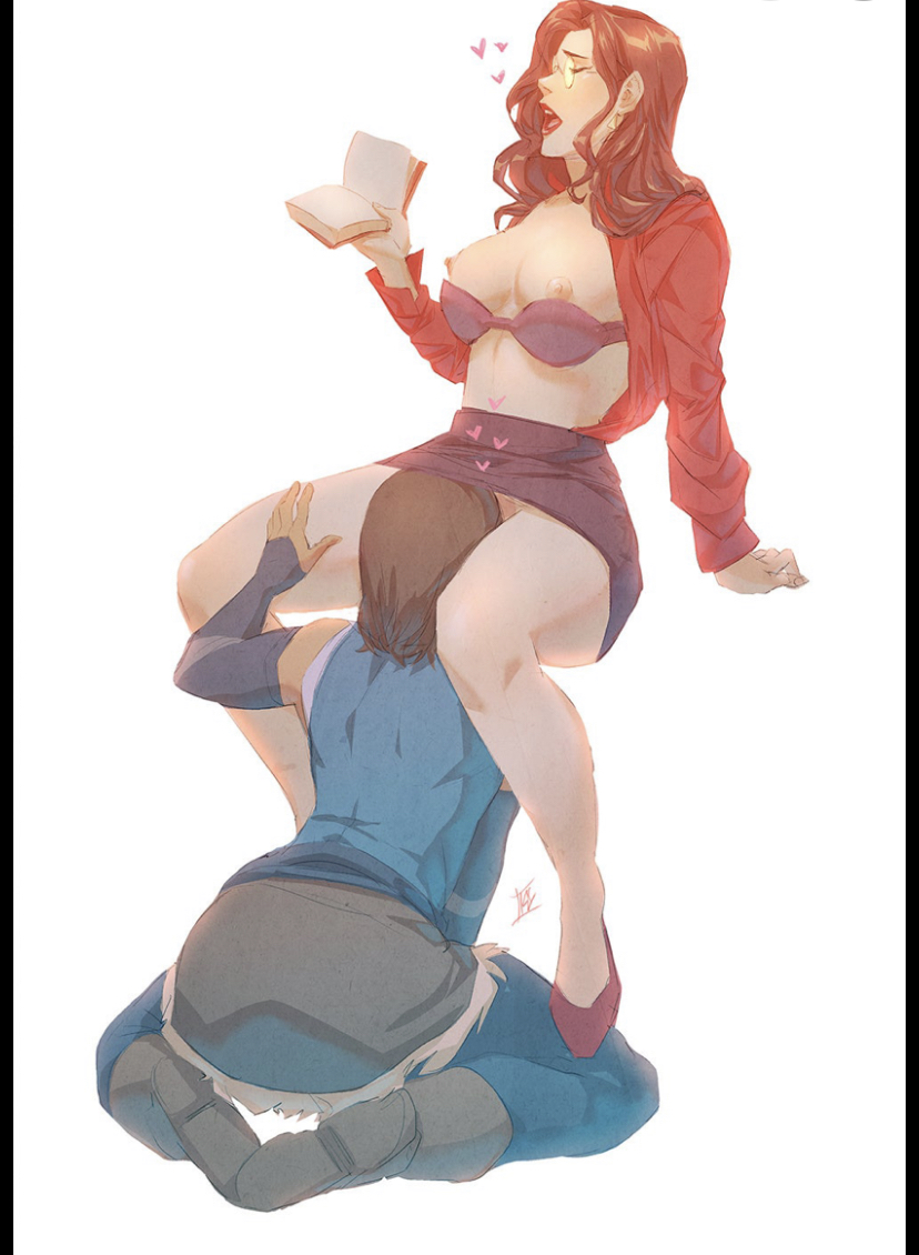 2girls, areolae, arm sleeves, asami sato, avatar legends, back muscles, black skirt, blue clothing, book, boots, bra, bra down, breasts, brown hair, canon couple, chocolate and vanilla, closed eyes, clothed sex, clothing, cunnilingus, dark skin, dark-skinned female, denimcatfish, elbow gloves, female, female only, fingerless gloves, glasses, gloves, heart, high heels, human, jacket, korra, large thighs, lesbian, licking, licking pussy, light skin, light-skinned female, lipstick, medium breasts, medium hair, moaning, multiple females, multiple girls, muscles, nipples, on knees, open clothes, open jacket, oral, pants, pussy, pussy licking, reading, red high heels, red jacket, red lipstick, shoulder length hair, sitting, skirt, smooth skin, the avatar, the legend of korra, tight shirt, tomboy, water tribe, white background, yuri