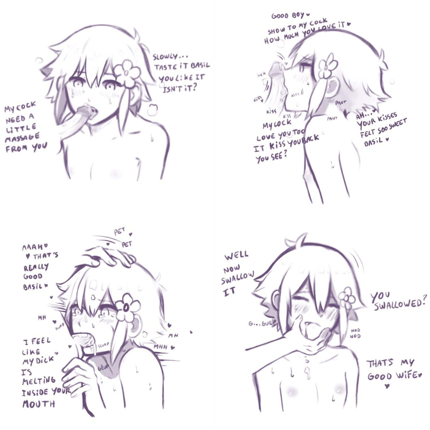 2boys, basil (omori), blush, cheek bulge, cum, cum in mouth, cum inside, cum on face, cum on tongue, erection, femboy, gay, girly, head grab, hornydaddy, male, male only, male/male, mob face, omori, open mouth, oral, penis, swallowing cum, tagme, tongue, tongue out, trap, twink, yaoi